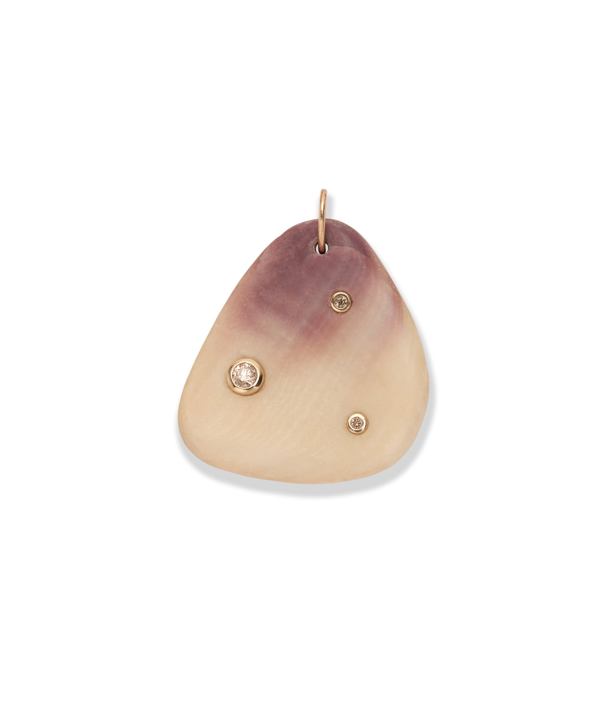 Quahog Shell & Diamond 14k Gold Necklace Charm. Brown ombre flat shell inlaid with three diamonds.