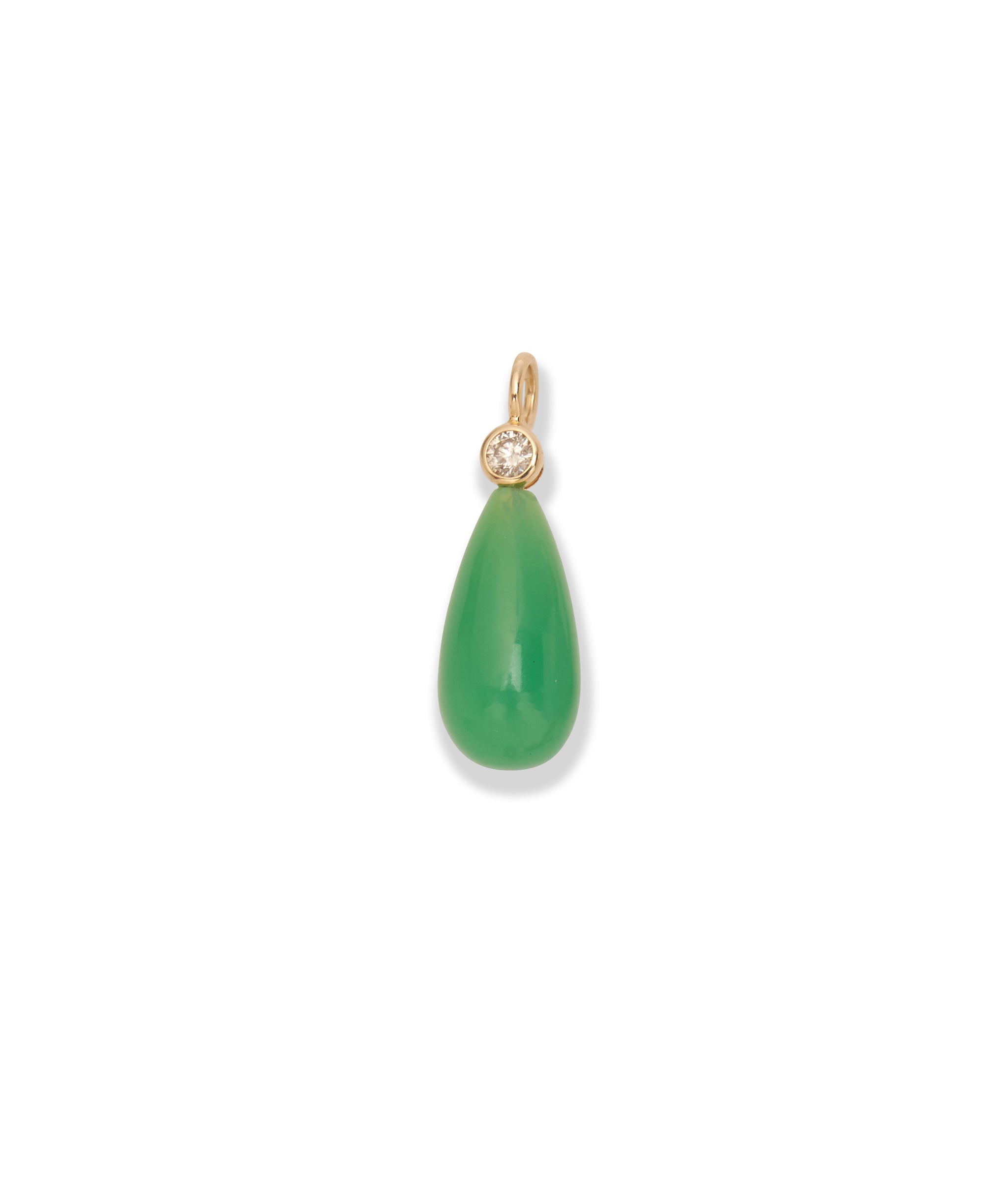 Chrysoprase & Diamond 14k Gold Necklace Charm. Faceted diamond circle with green teardrop.