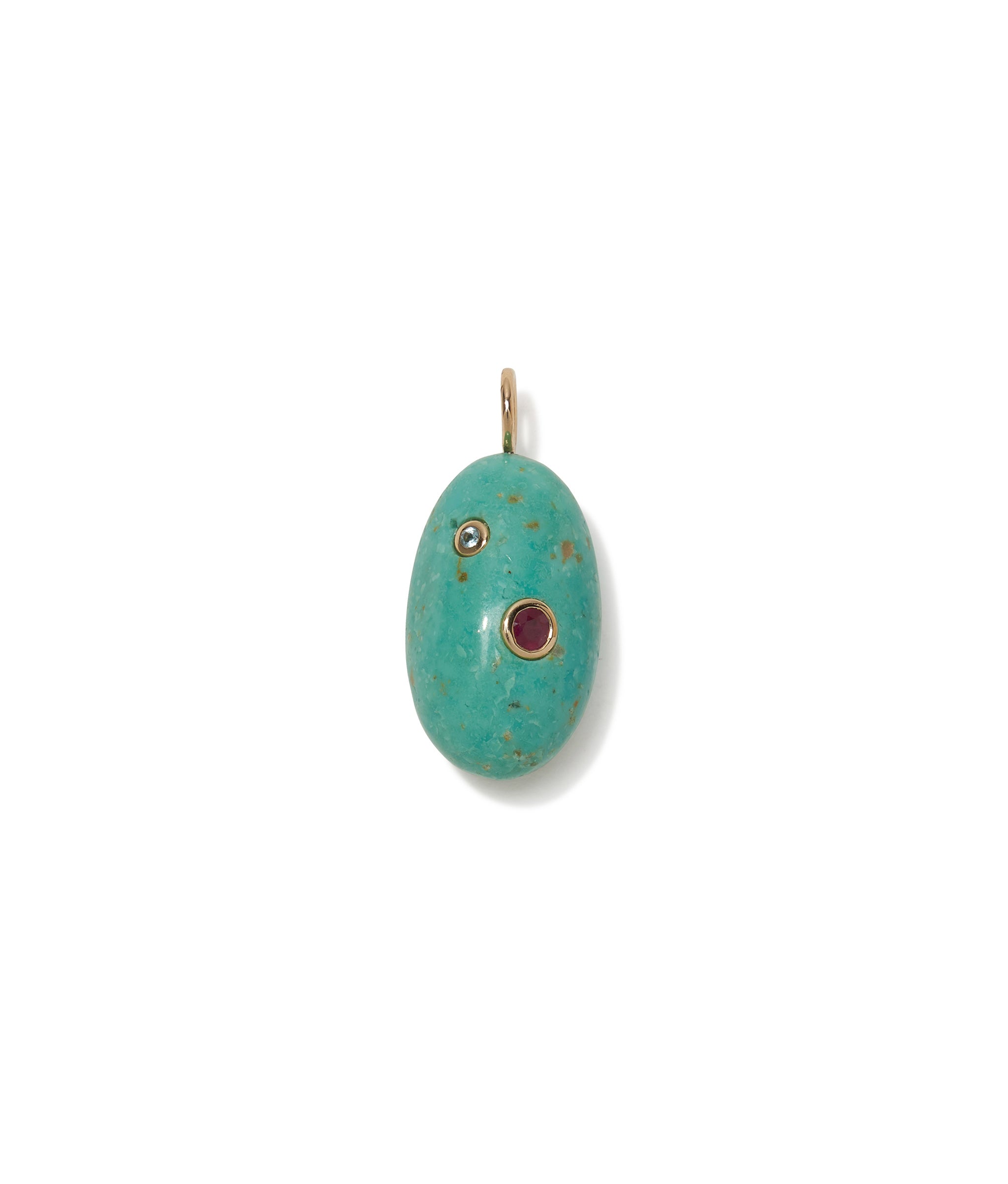 Dotted Turquoise 14k Gold Necklace Charm. Bright turquoise oval inlaid with semiprecious stones