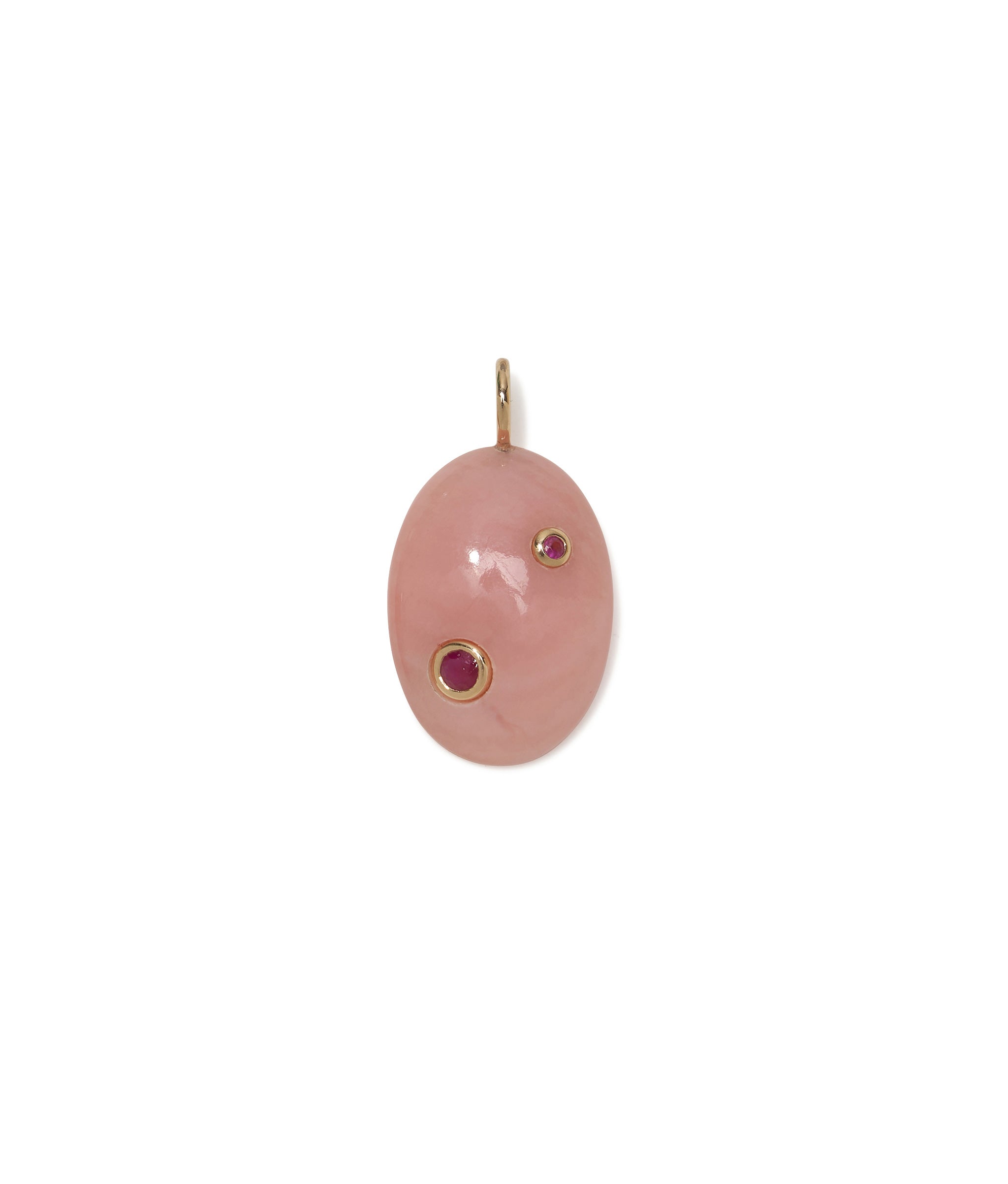 Pink Opal & Ruby 14k Gold Necklace Charm. Pink stone oval inlaid with two small rubies.