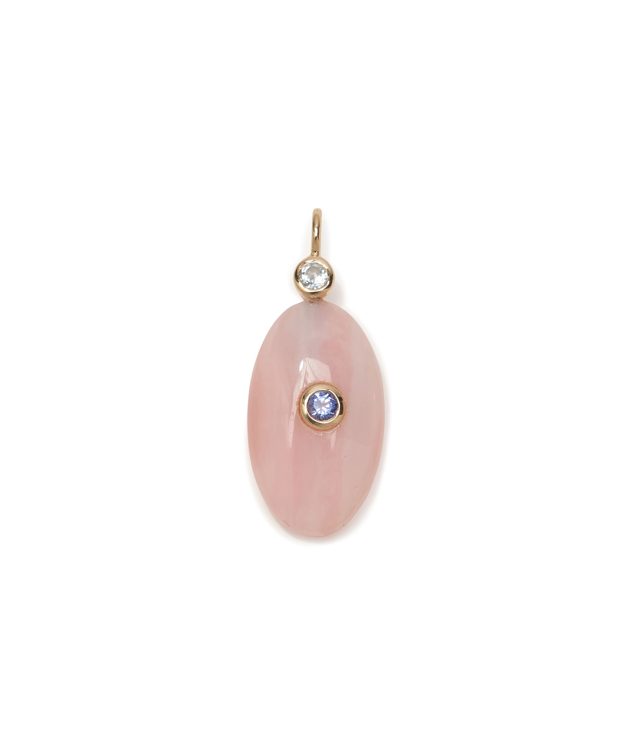 Pink Opal 14k Gold Necklace Charm. Pink oval with sky blue topaz bail and inlaid faceted tanzanite