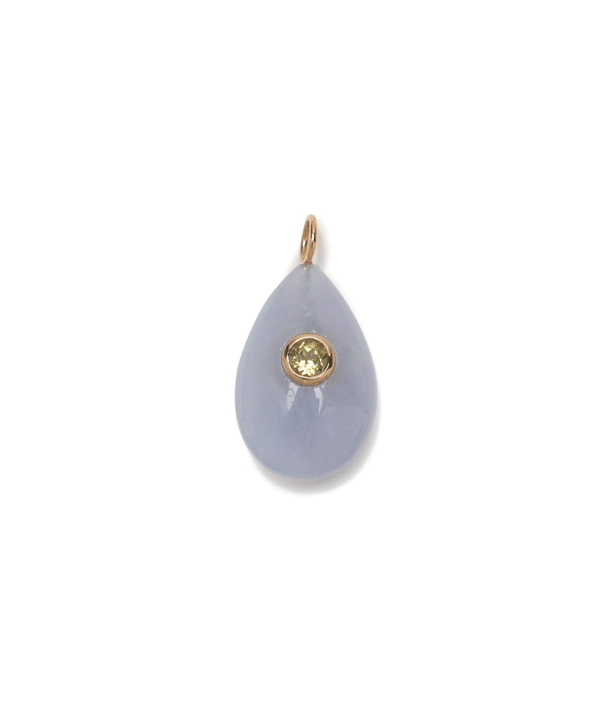 Chalcedony & Olive Quartz 14k Gold Necklace Charm. Light blue teardrop inlaid with faceted round olive quartz