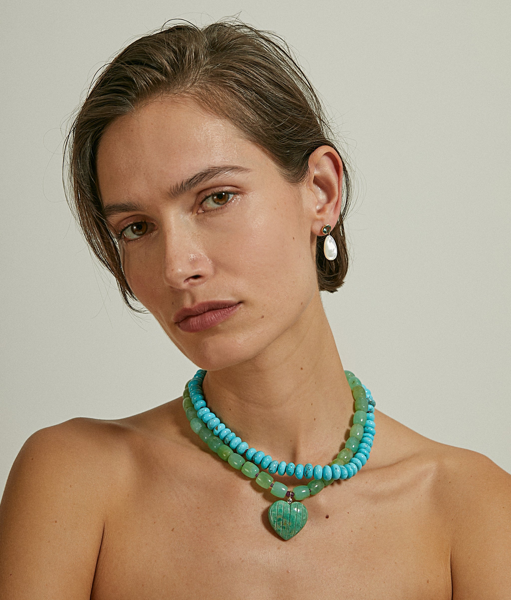 Chrysoprase, Pink Sapphire & 14k Gold Necklace with Carved Turquoise Heart Pendant