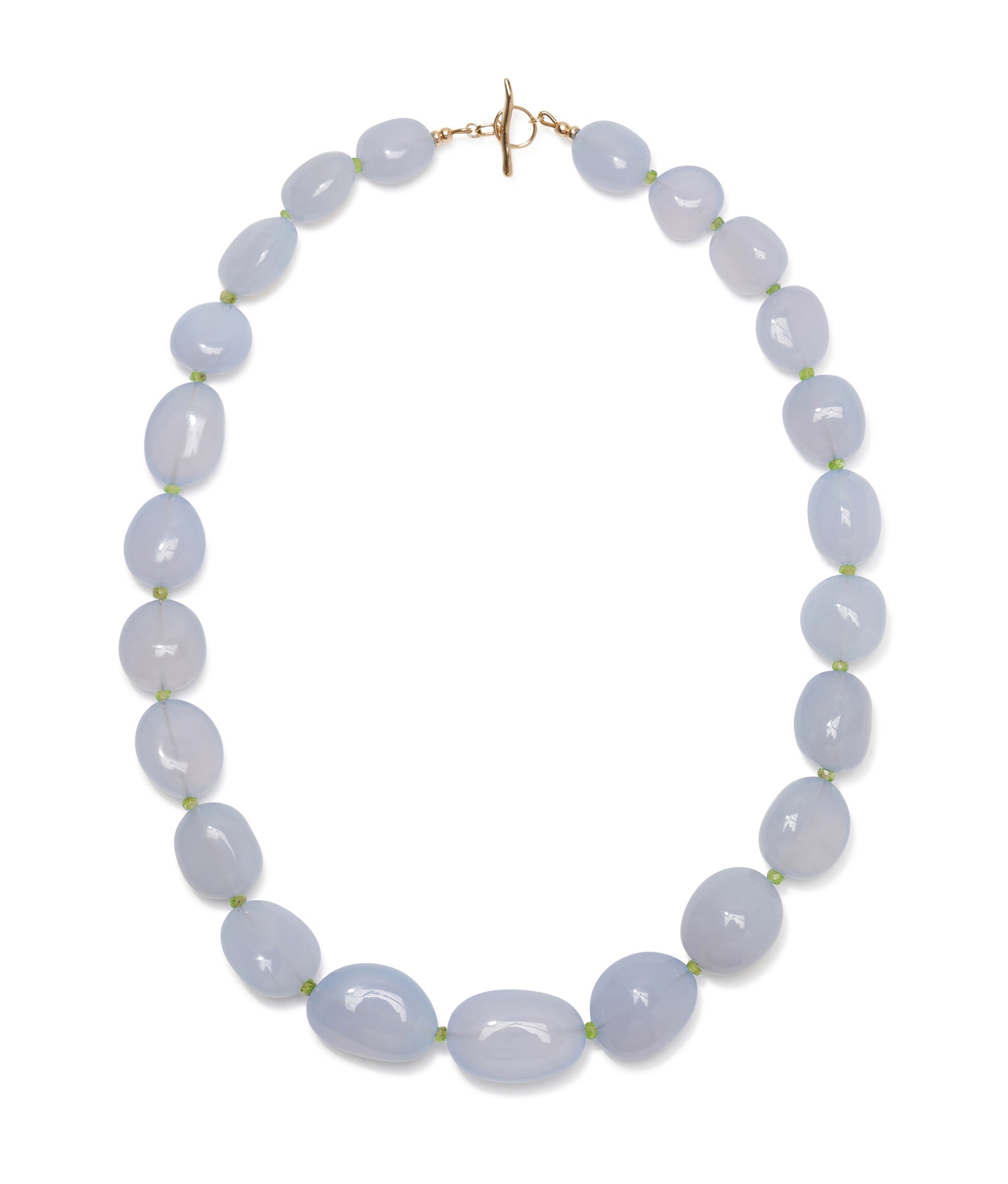 Blue Chalcedony, Peridot & 14k Gold Necklace. Graduated blue nuggets with tiny peridot beads and gold toggle.