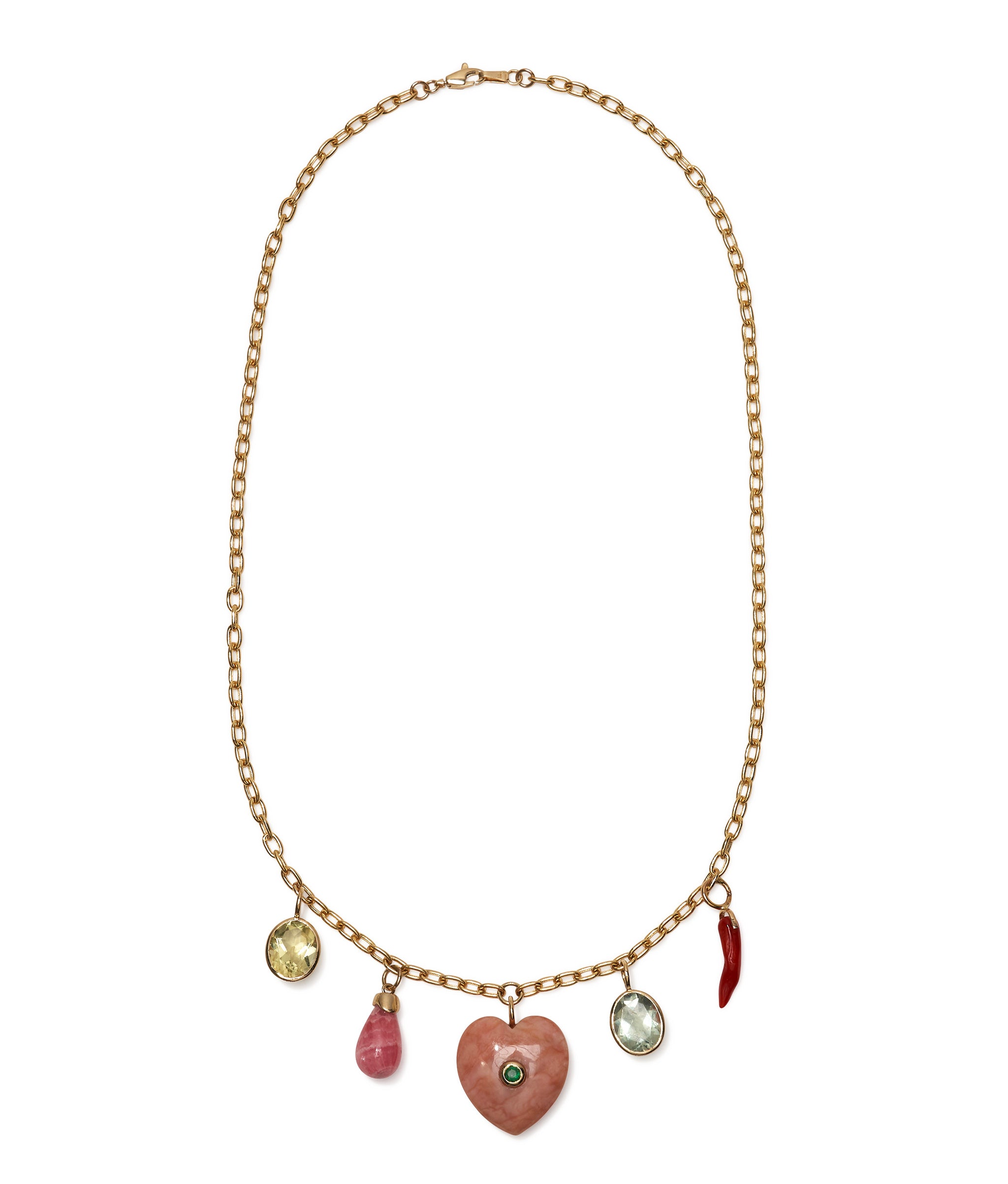 Pink Opal Heart, Coral, Semiprecious Stone & 14k Gold Charm Necklace