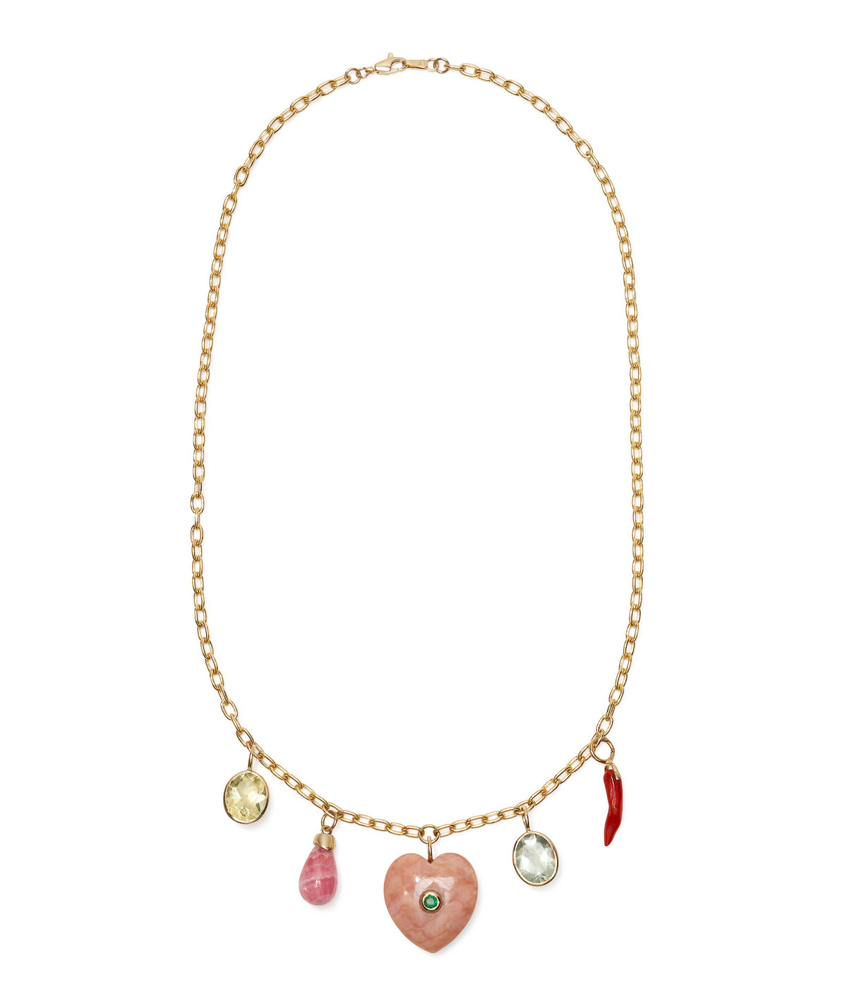 Pink Opal Heart, Coral, Semiprecious Stone & 14k Gold Charm Necklace. Gold chain with pink and red charms.