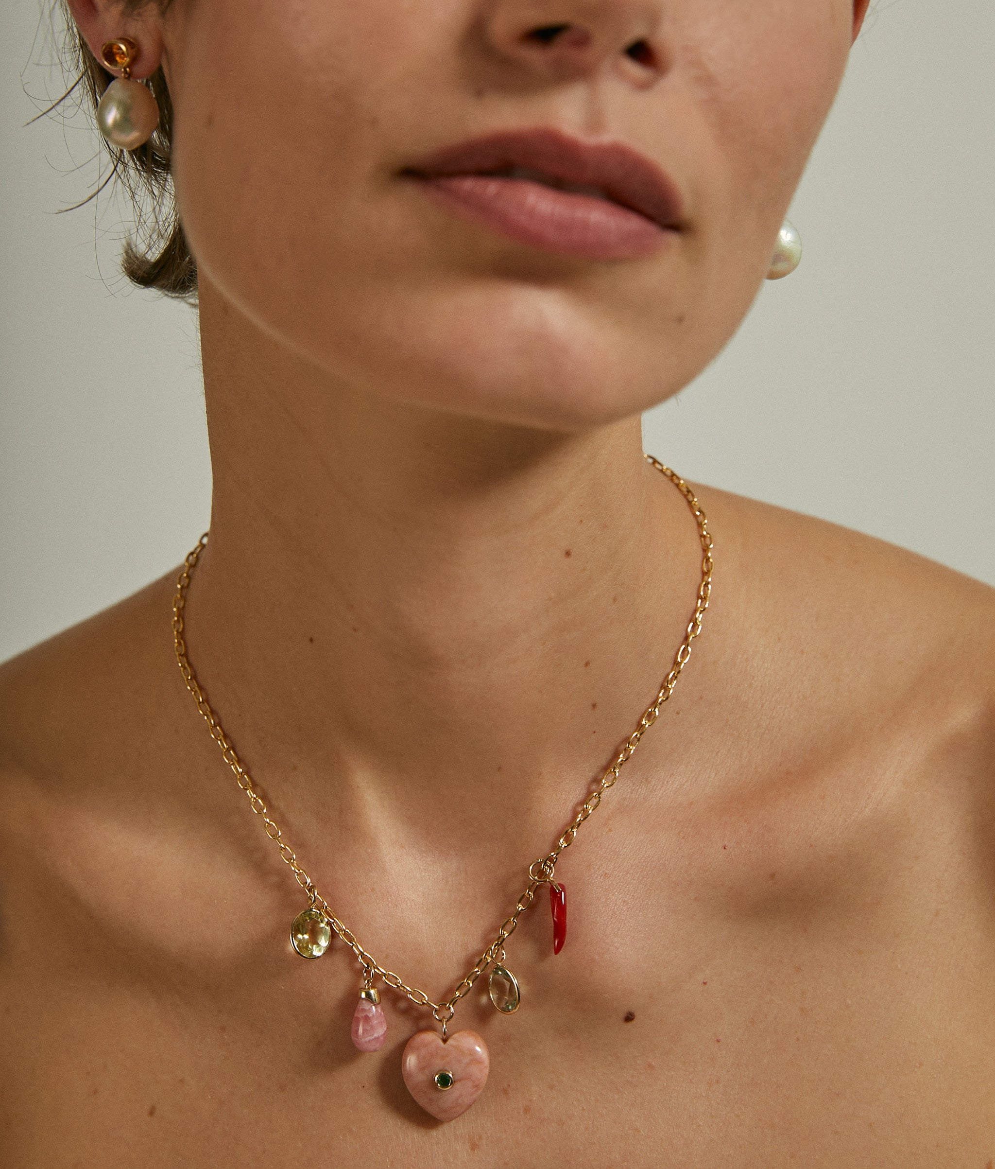 Pink Opal Heart, Coral, Semiprecious Stone & 14k Gold Charm Necklace