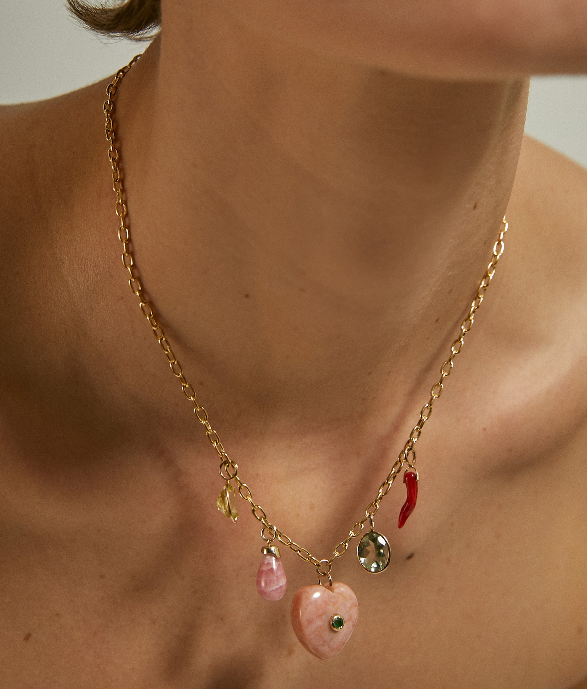 Pink Opal Heart, Coral, Semiprecious Stone & 14k Gold Charm Necklace