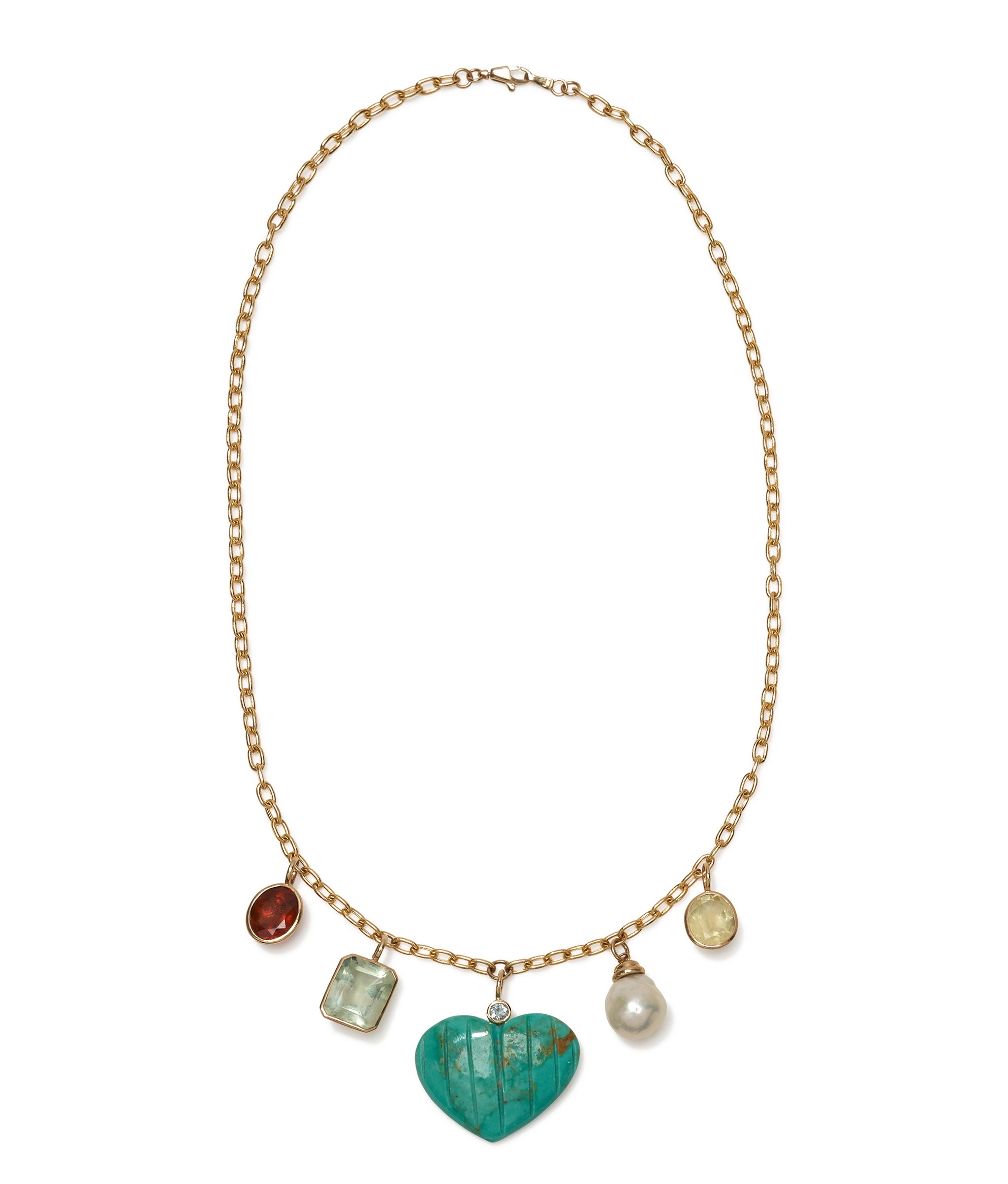 Turquoise Heart, Pearl, Semiprecious Stone & 14k Gold Charm Necklace