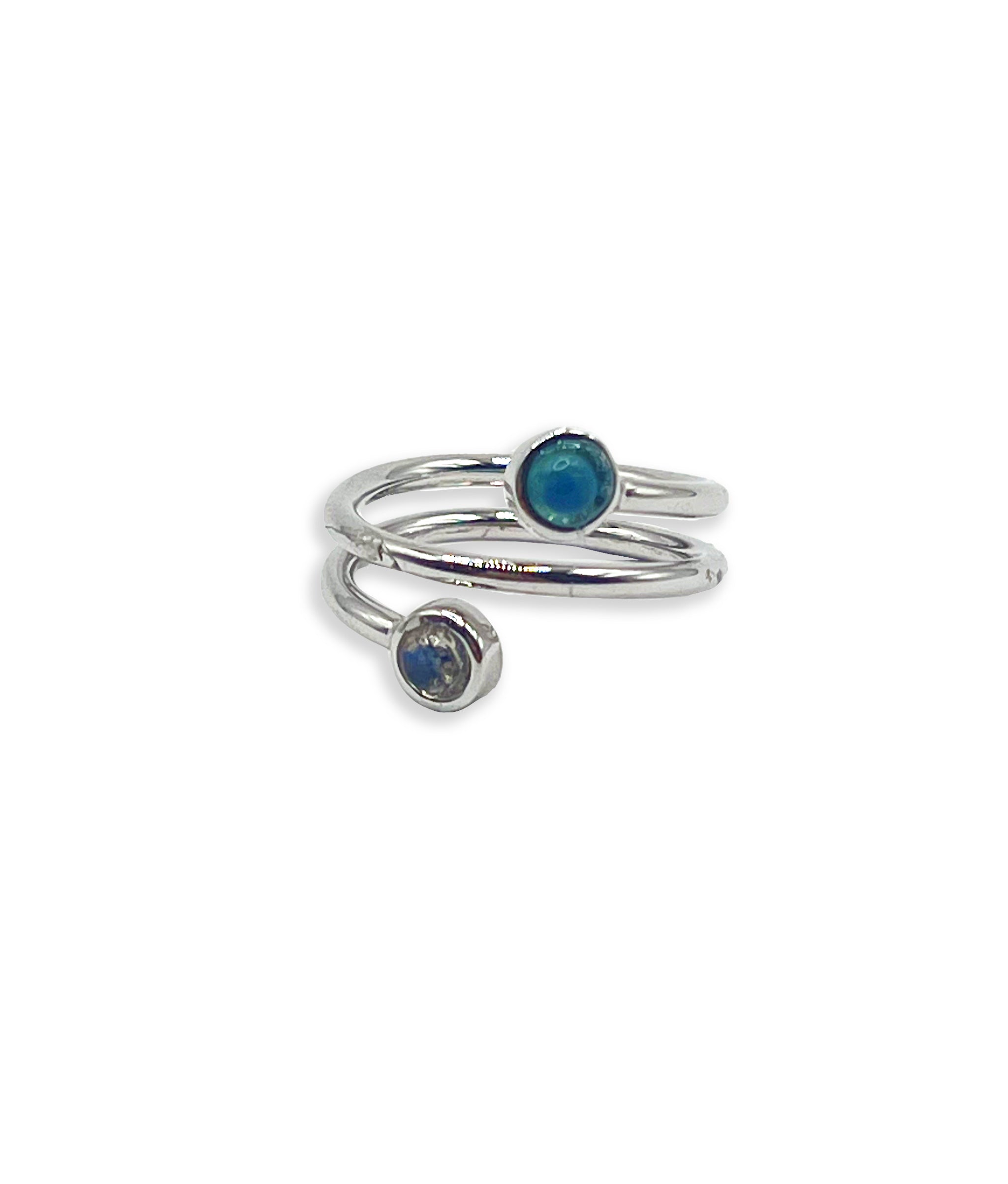 Silver Spiral Ring in Moonstone & Blue Chalcedony