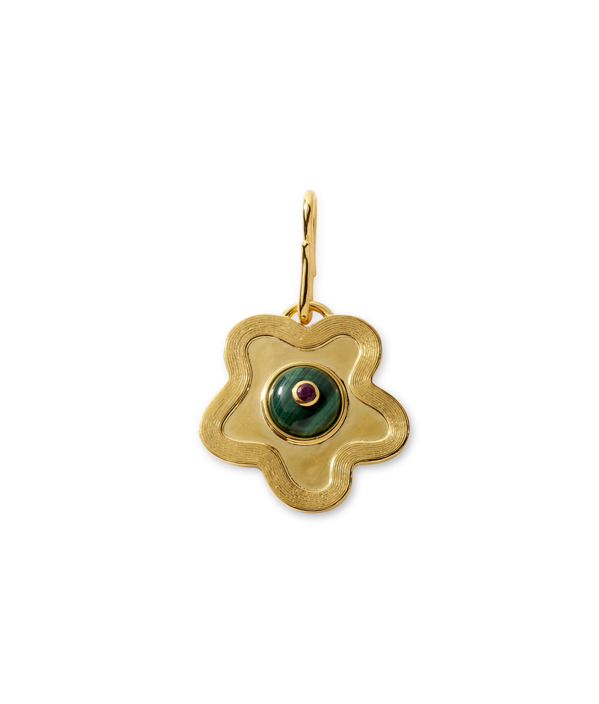 Nana Pendant in Shasta Daisy. Gold-plated etched daisy with malachite cabochon, inlaid with pink rhodolite.