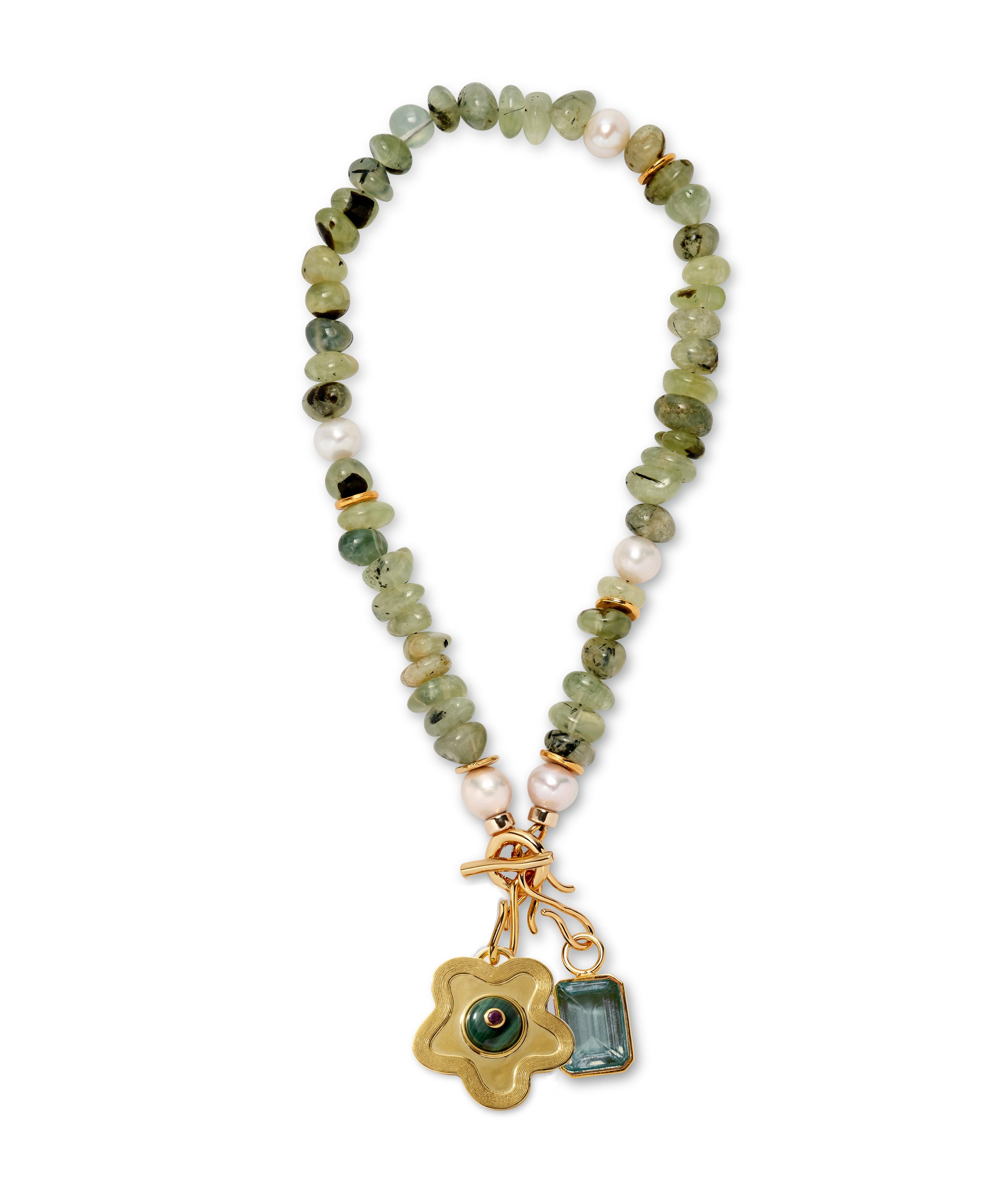 Mood Necklace in Prehnite with Nana Pendant in Shasta Daisy and Candyland Charm in Teal.