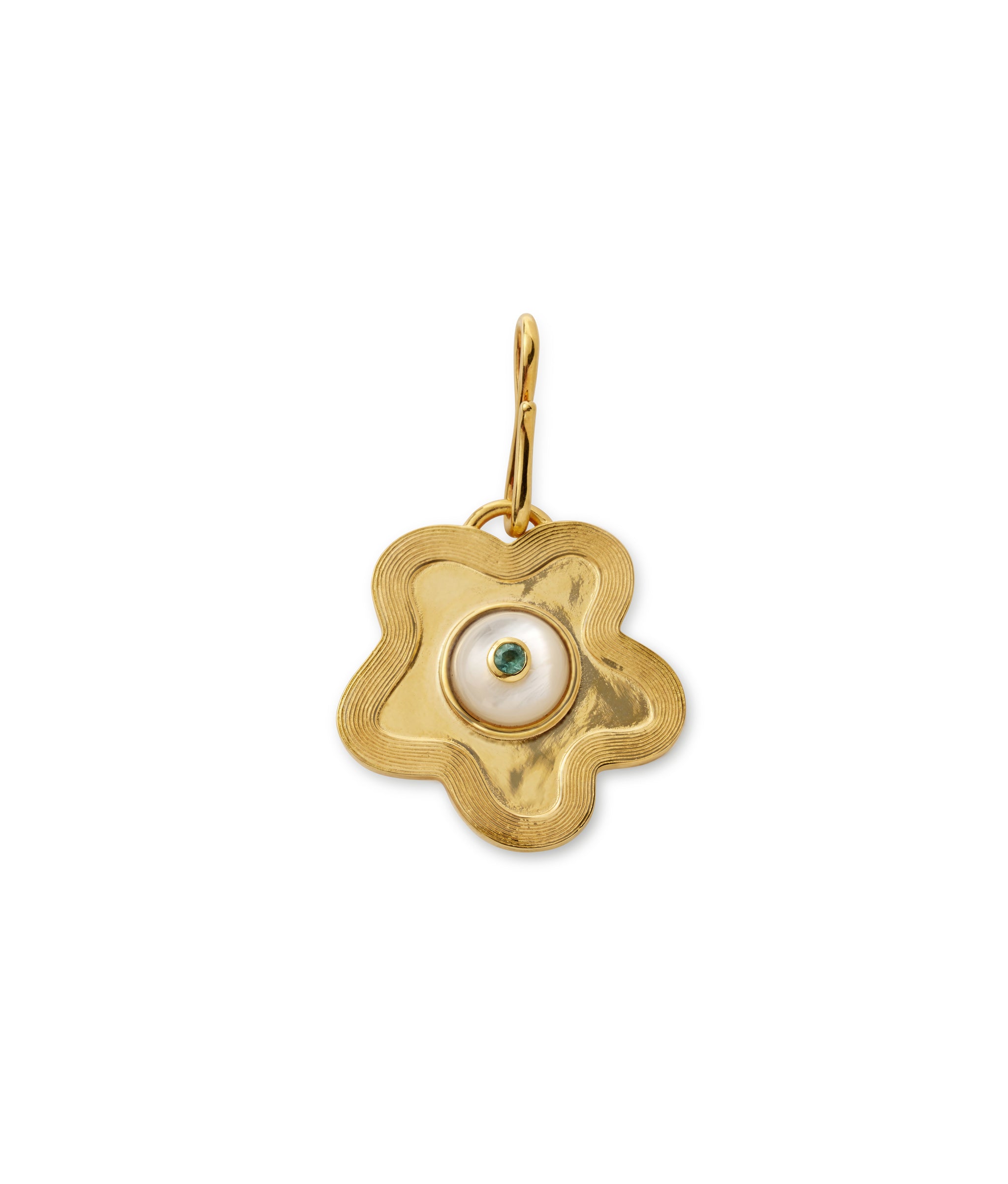 Nana Pendant in Poppy Pearl. Gold-plated etched daisy with mother-of-pearl cabochon, inlaid with emerald.