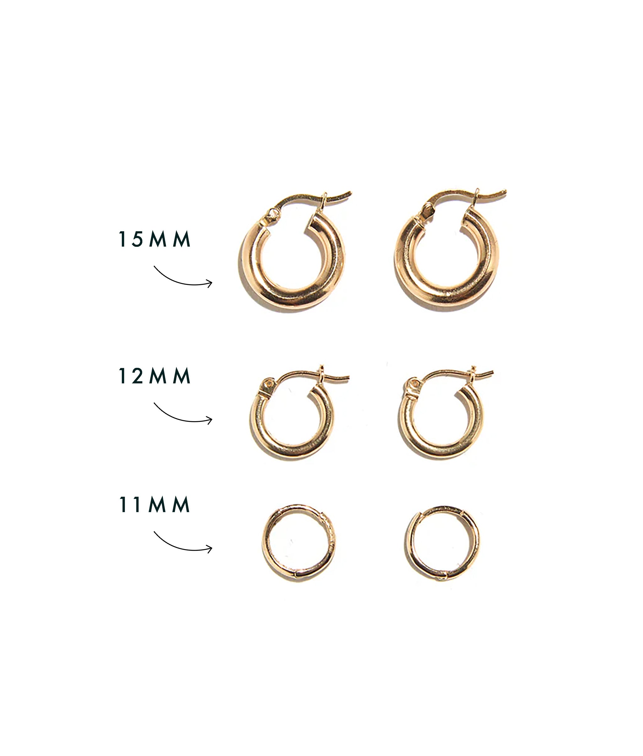Size comparison of 15mm 14k Hoops, 12mm fine gold hoops, and gold huggies hoop earrings.