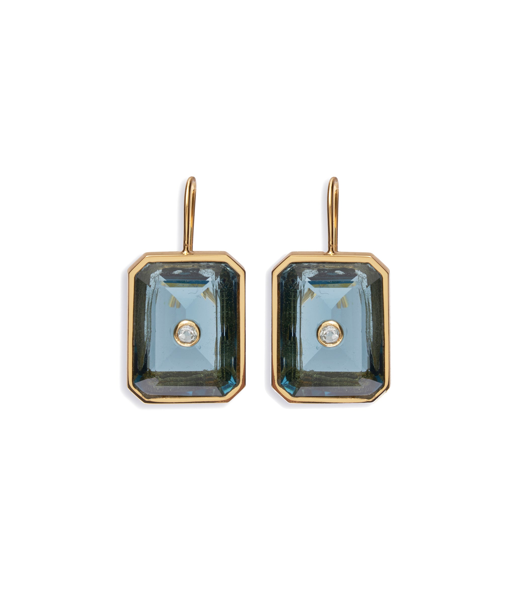 Tile Earrings in Denim. Gold-plated earwires with faceted blue glass inlaid with blue topaz stones