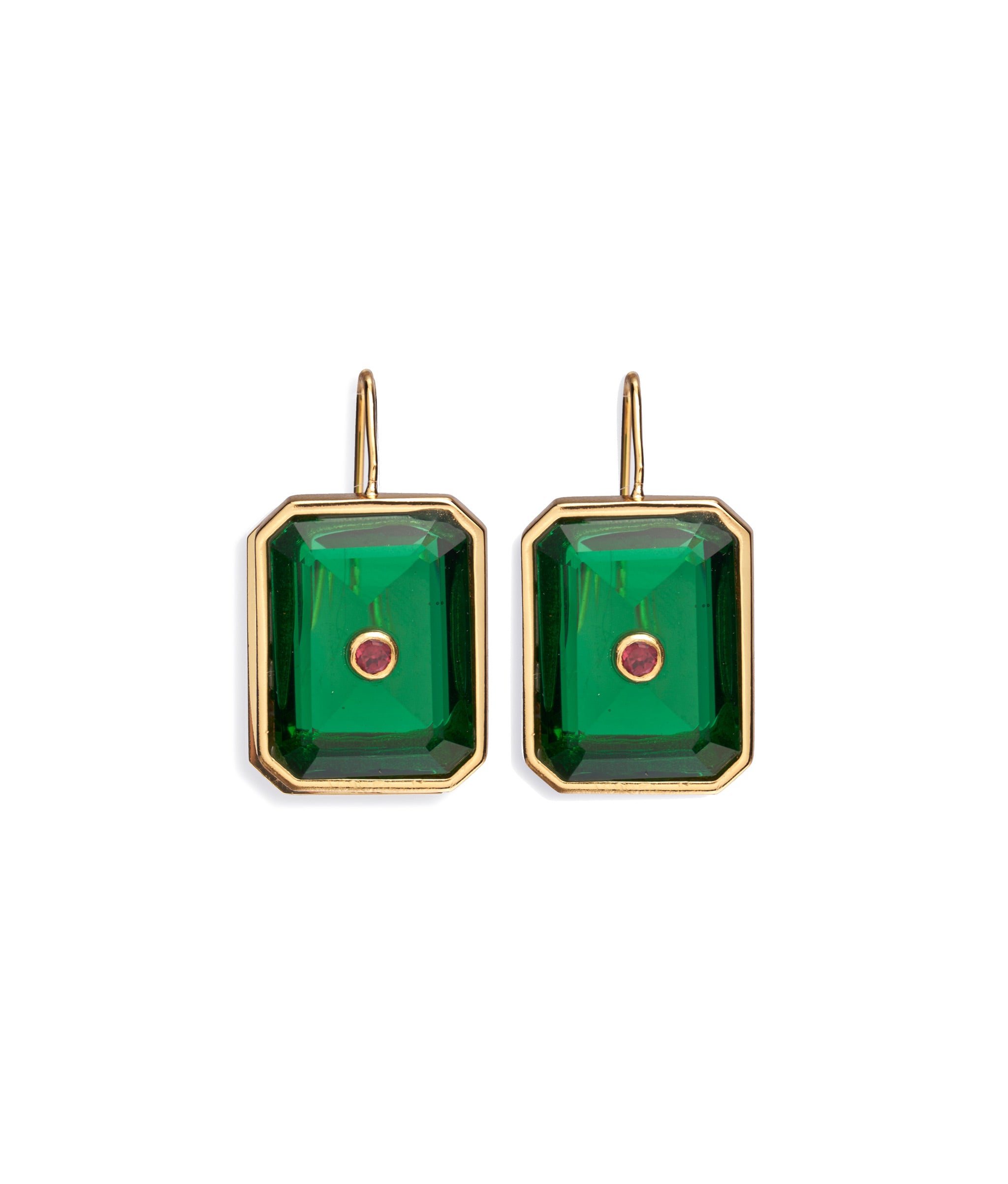Tile Earrings in Forest. Gold-plated earwires with bright green rectangular glass stones and tiny rhodolite gems.