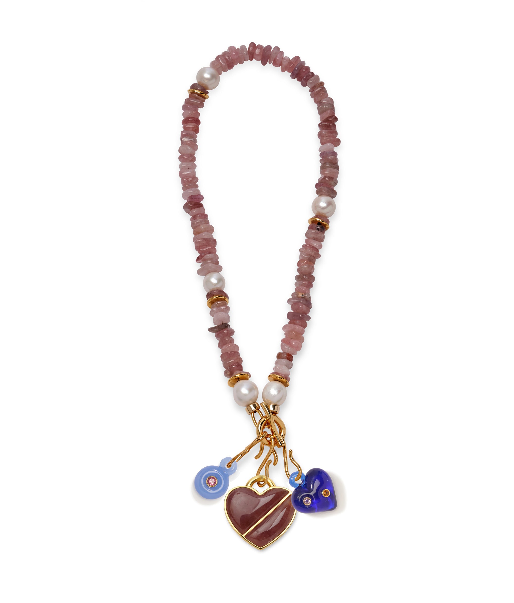 Mood Necklace in Strawberry Quartz with Mini Muse and Corazon charms and Heart Pendant in First Love.