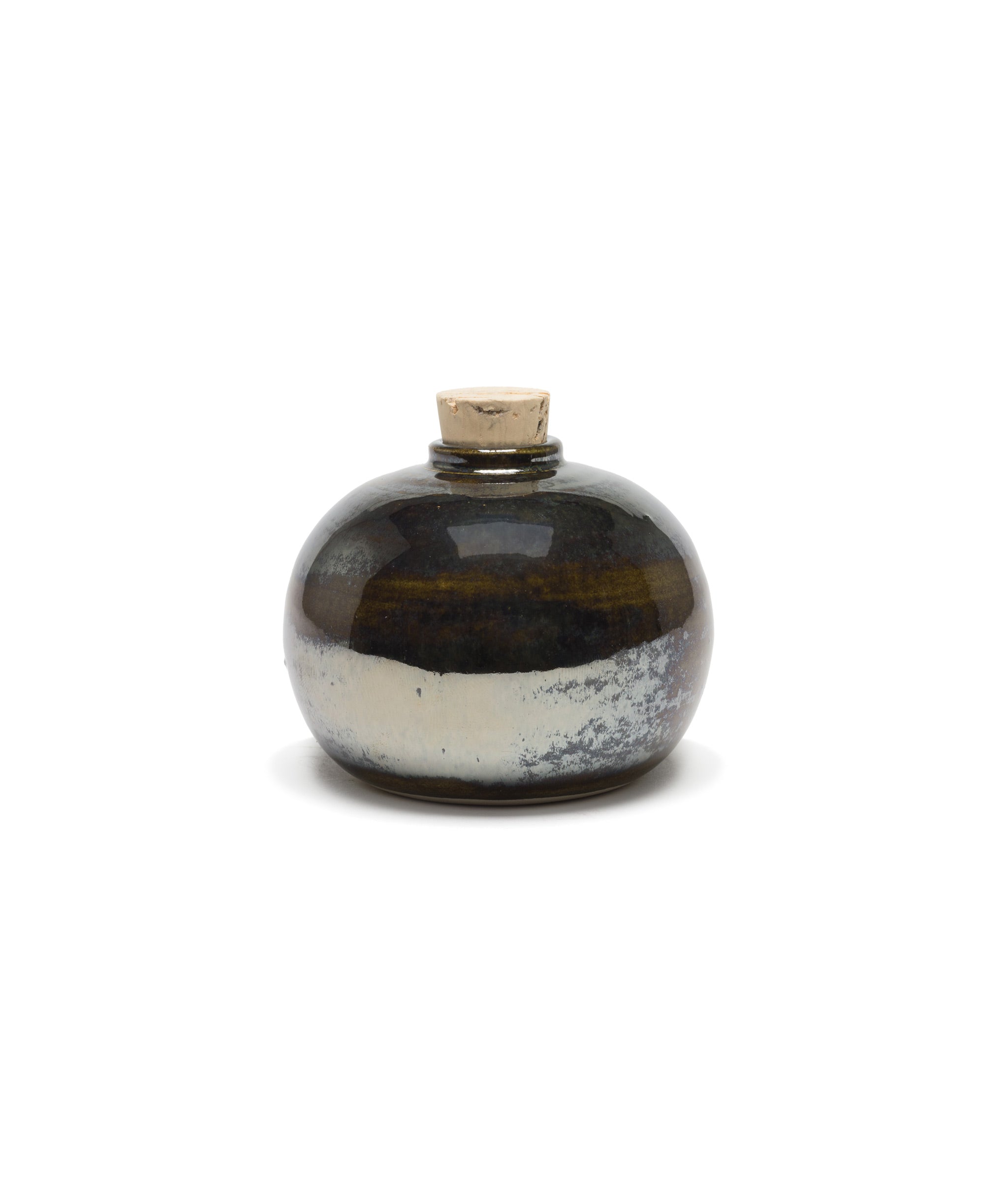 Mini Orb Vase. Small round stoneware vessel with dark chrome glaze and cork stopper.