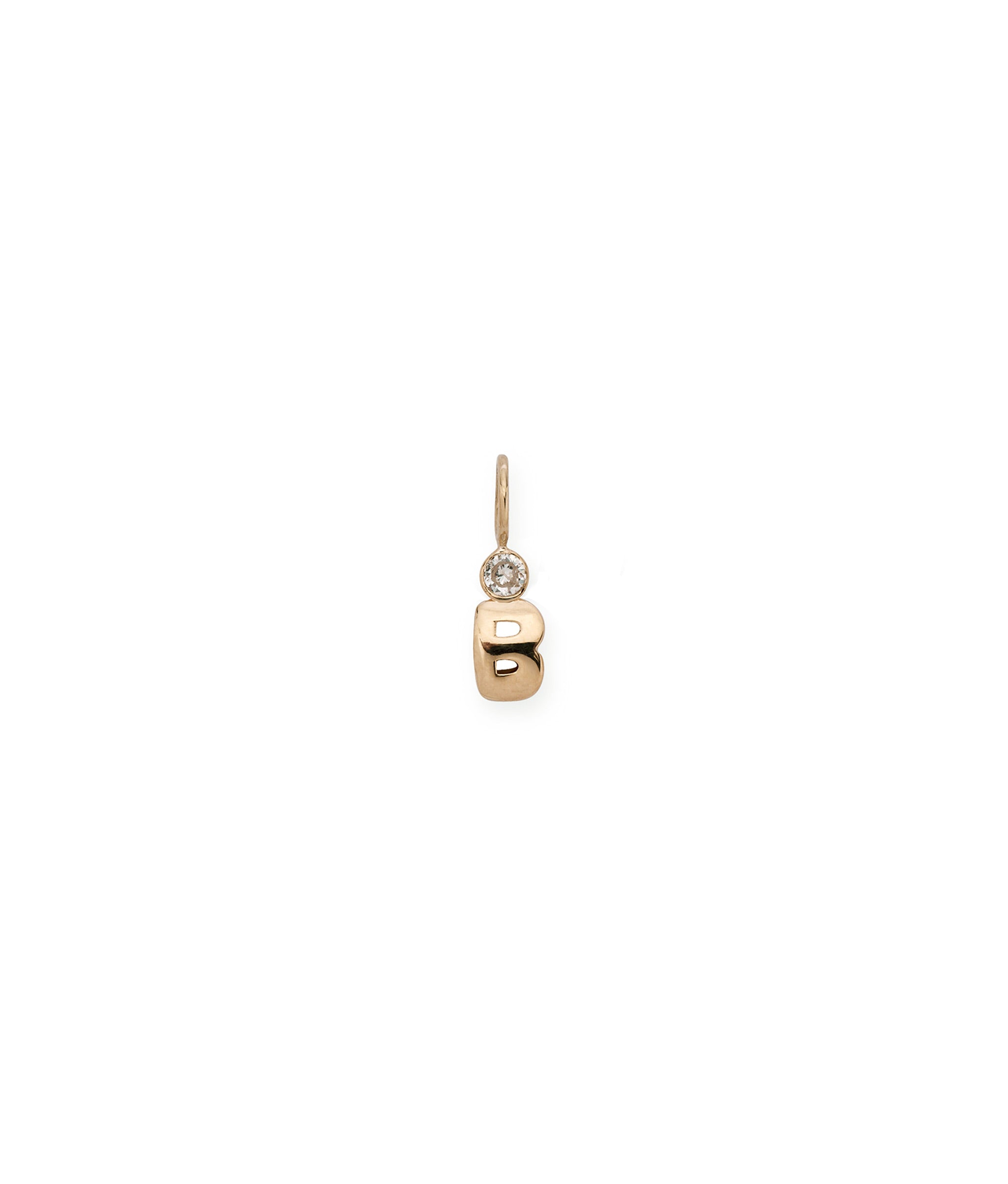 Alphabet Soup "B" Charm. Puffy mini 14k gold letter "B" charm with round diamond accent.