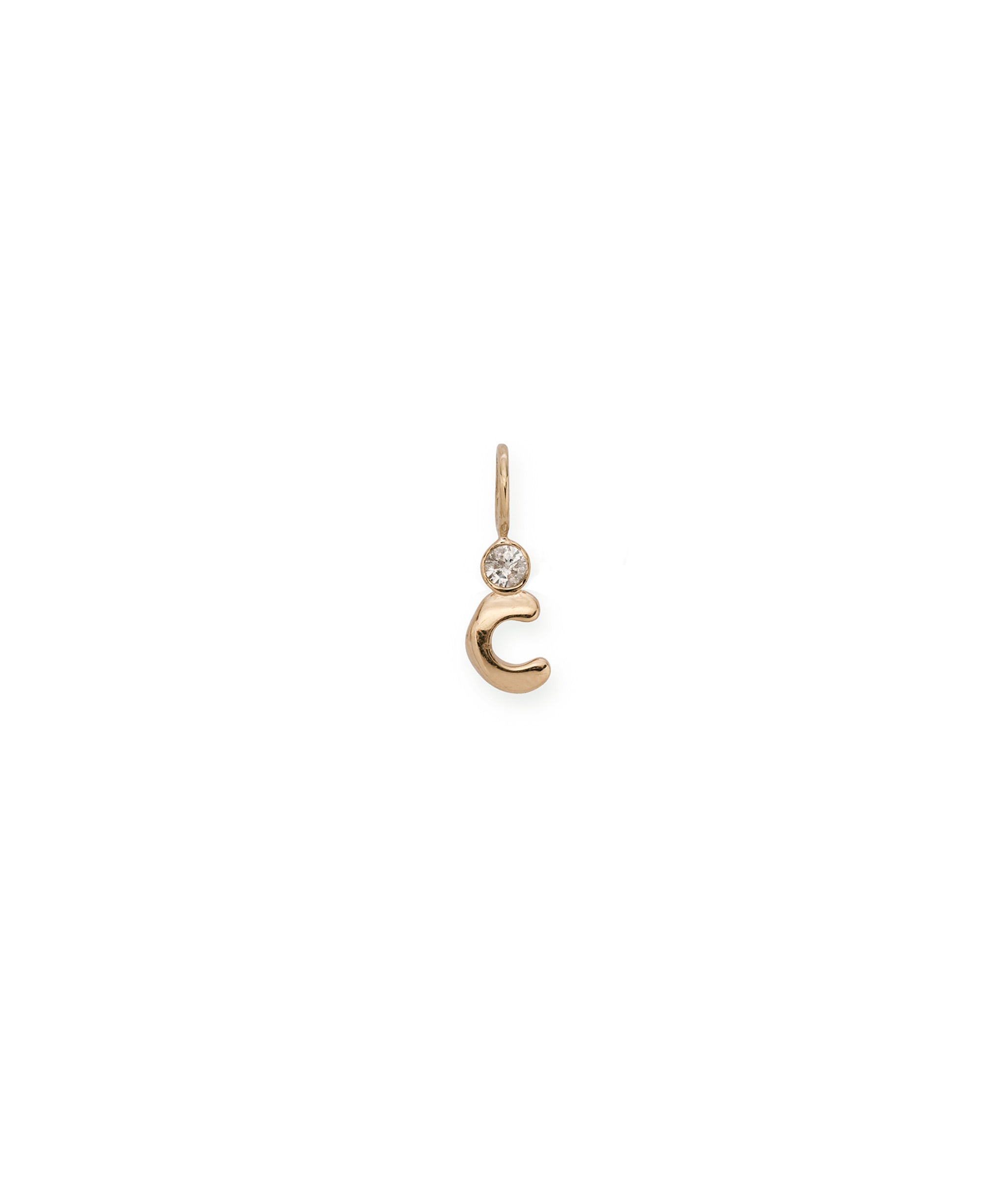 Alphabet Soup "C" Charm. Puffy mini 14k gold letter "C" charm with round diamond accent.