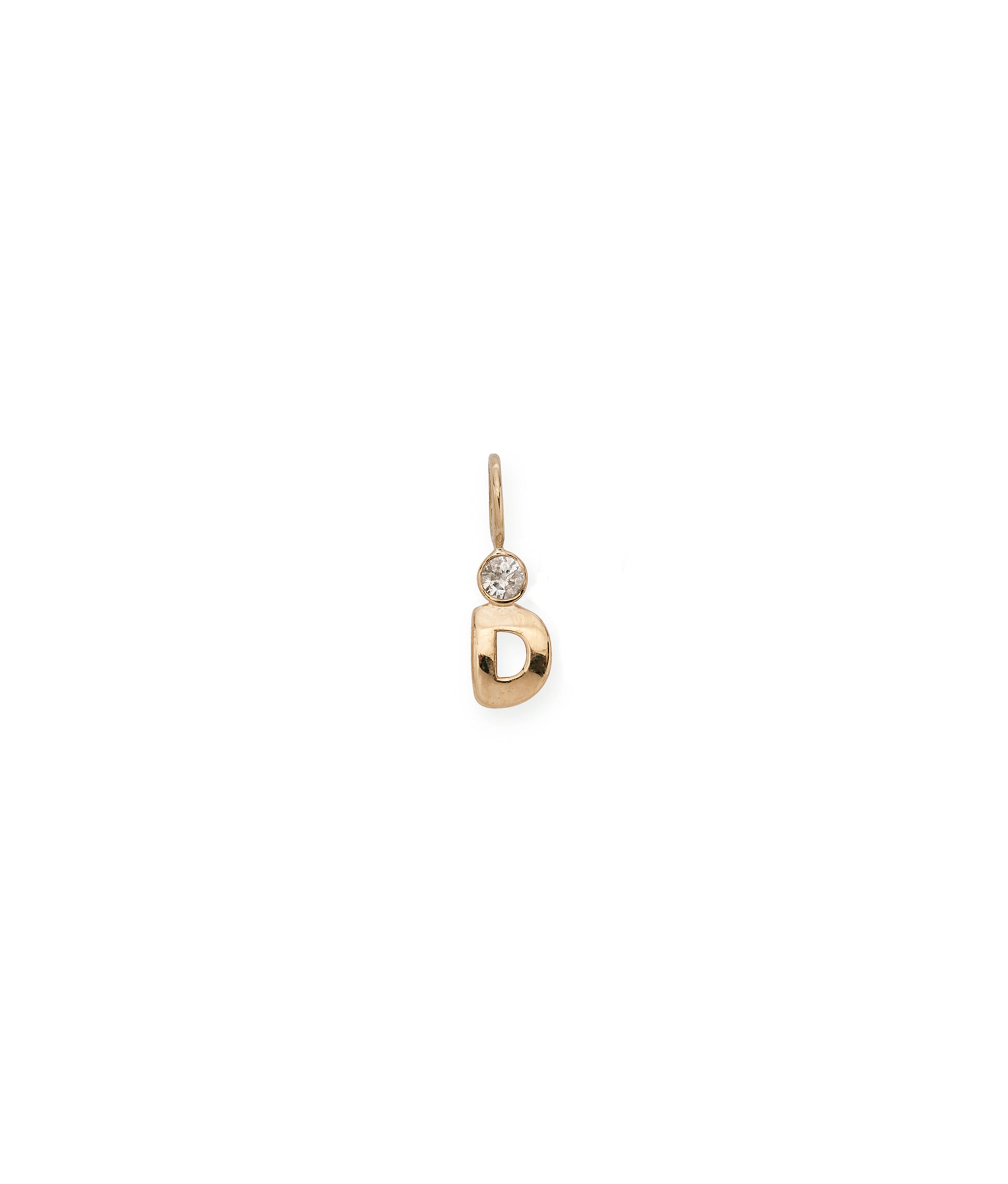 Alphabet Soup "D" Charm. Puffy mini 14k gold letter "D" charm with round diamond accent.