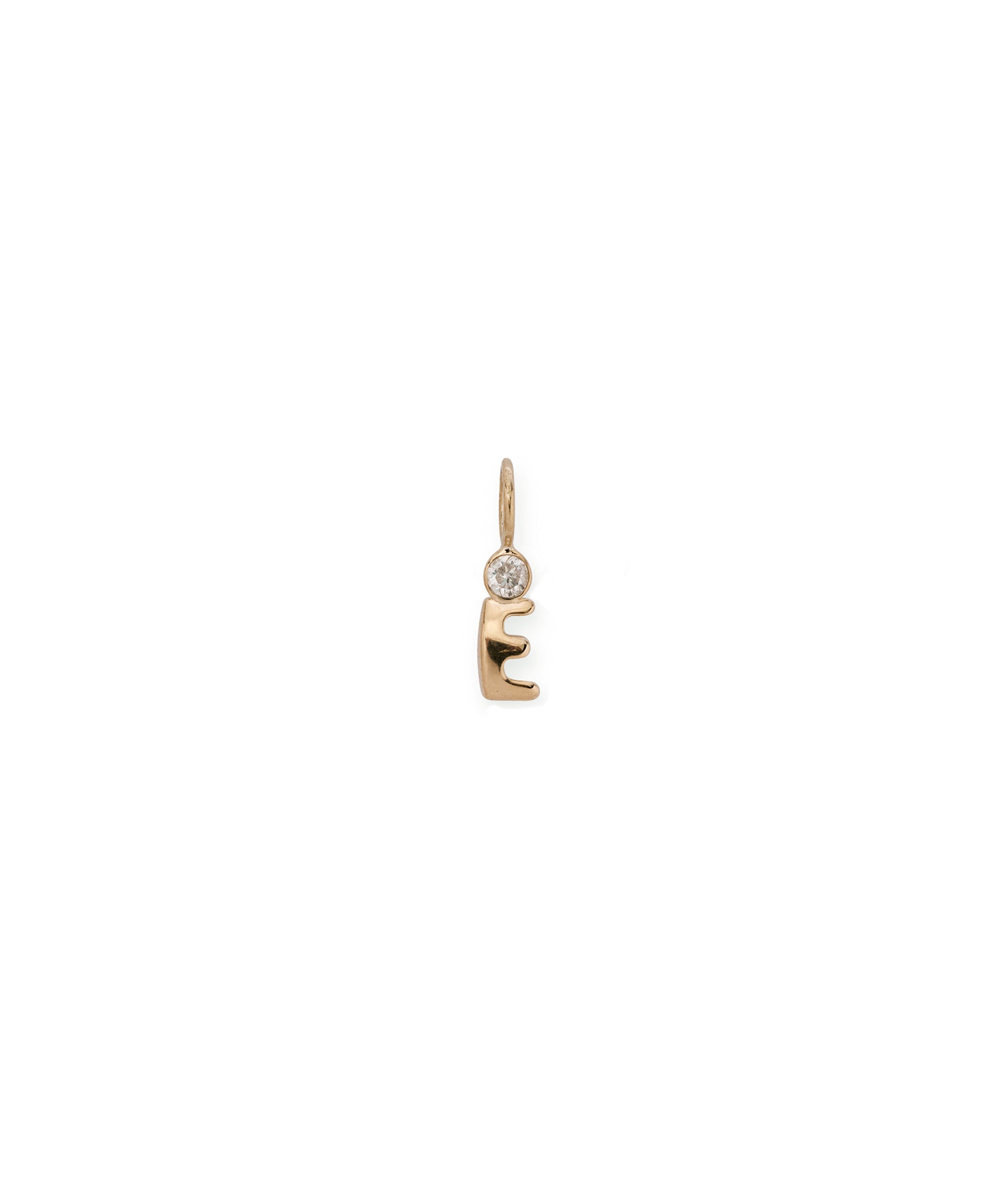 Alphabet Soup "E" Charm. Puffy mini 14k gold letter "E" charm with round diamond accent.