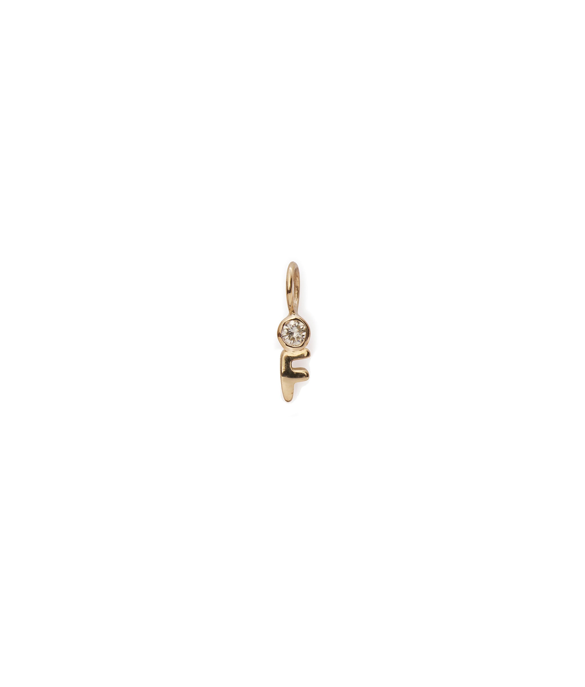 Alphabet Soup "F" Charm. Puffy mini 14k gold letter "F" charm with round diamond accent.