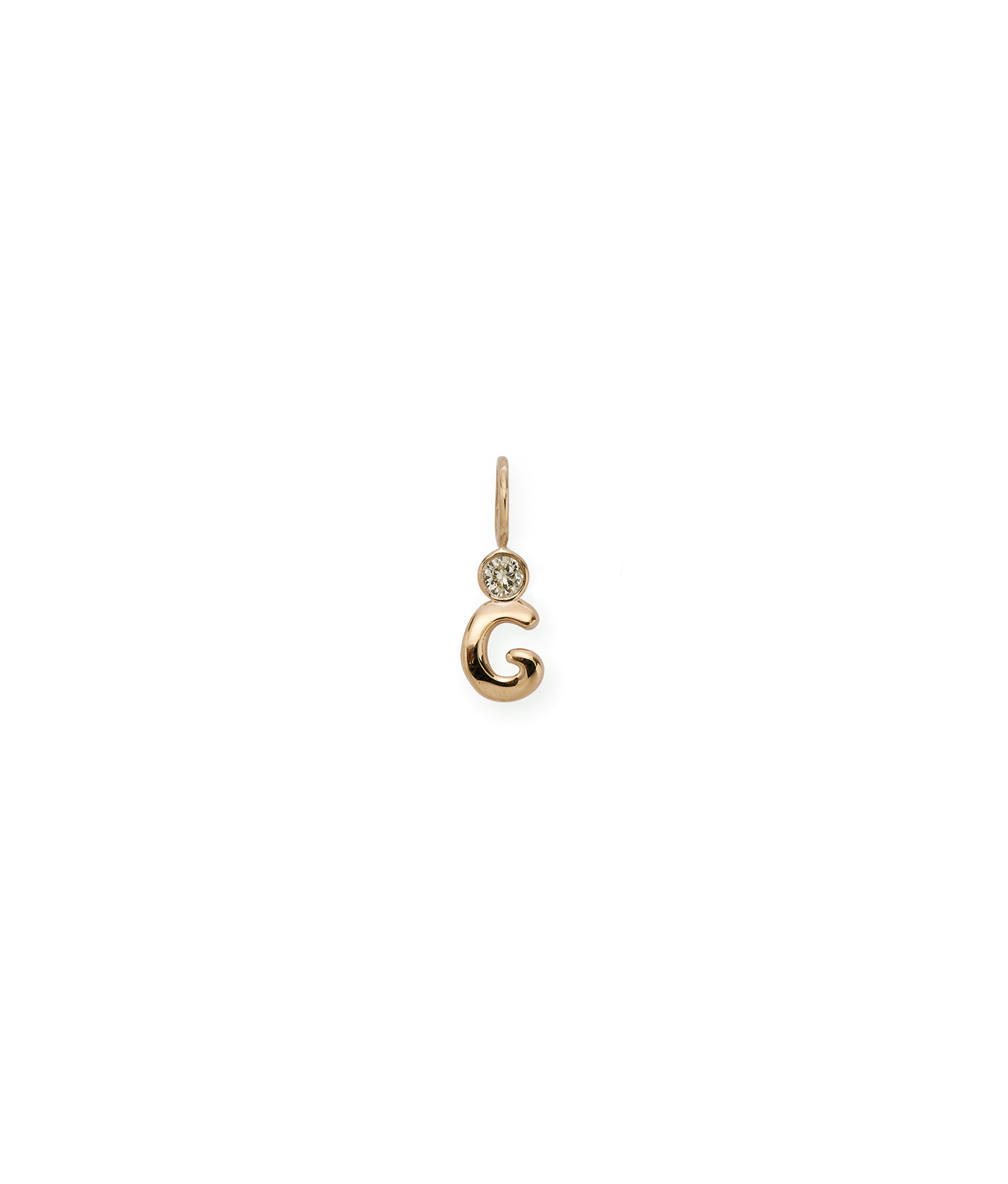 Alphabet Soup "G" Charm. Puffy mini 14k gold letter "G" charm with round diamond accent.