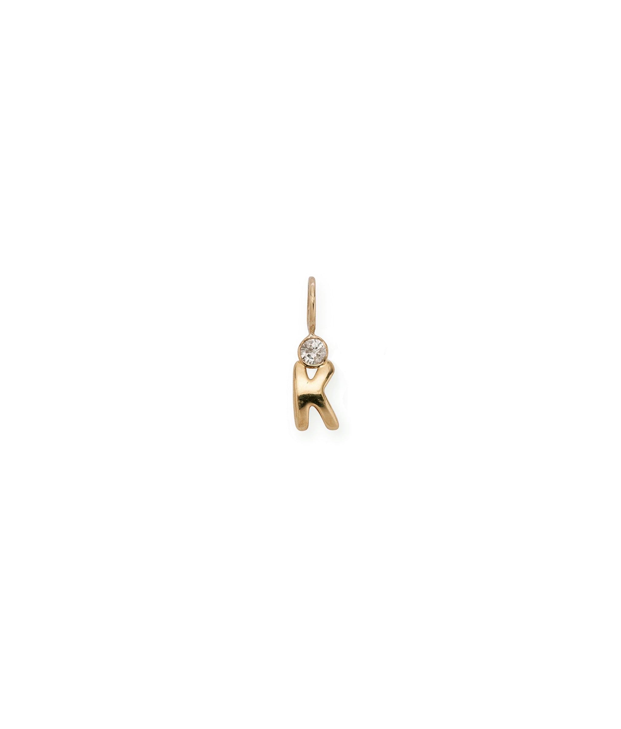Alphabet Soup "K" Charm. Puffy mini 14k gold letter "K" charm with round diamond accent.