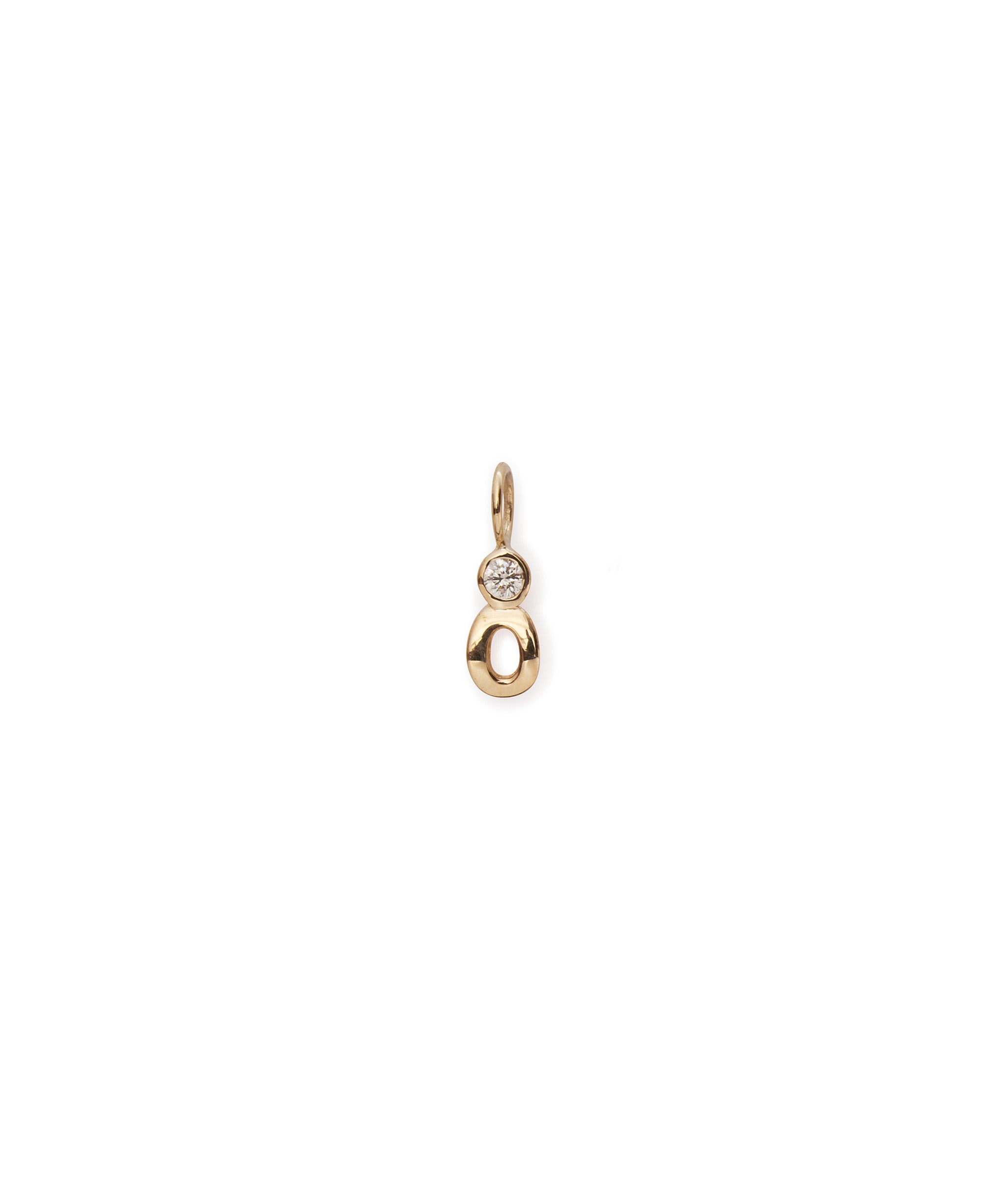 Alphabet Soup "O" Charm. Puffy mini 14k gold letter "O" charm with round diamond accent.
