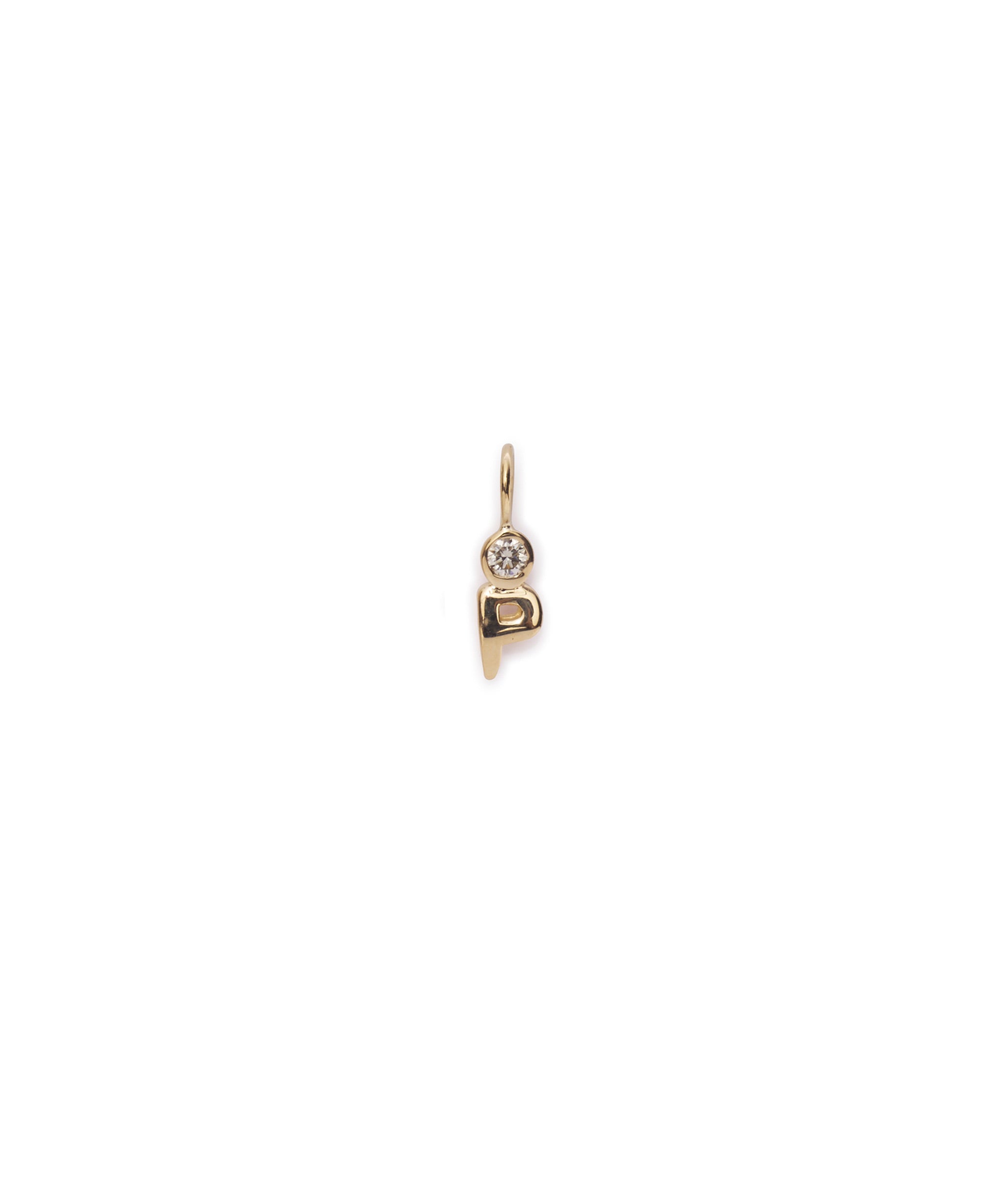 Alphabet Soup "P" Charm. Puffy mini 14k gold letter "P" charm with round diamond accent.