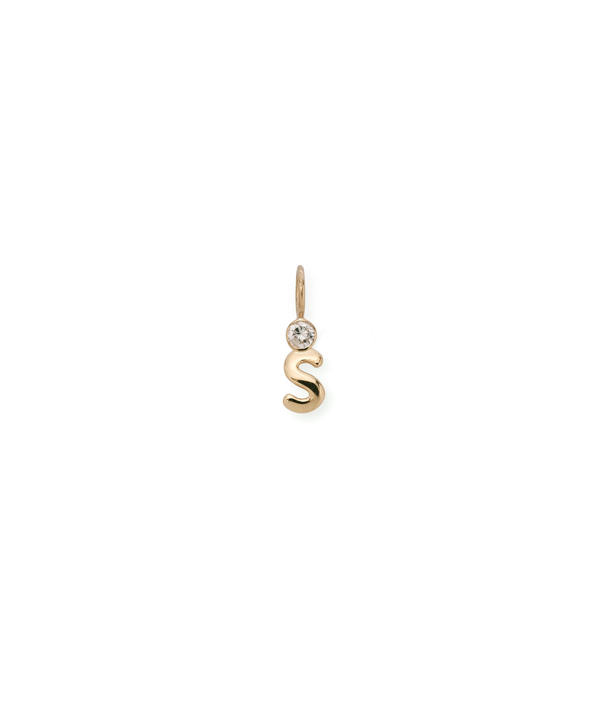 Alphabet Soup "S" Charm. Puffy mini 14k gold letter "S" charm with round diamond accent.