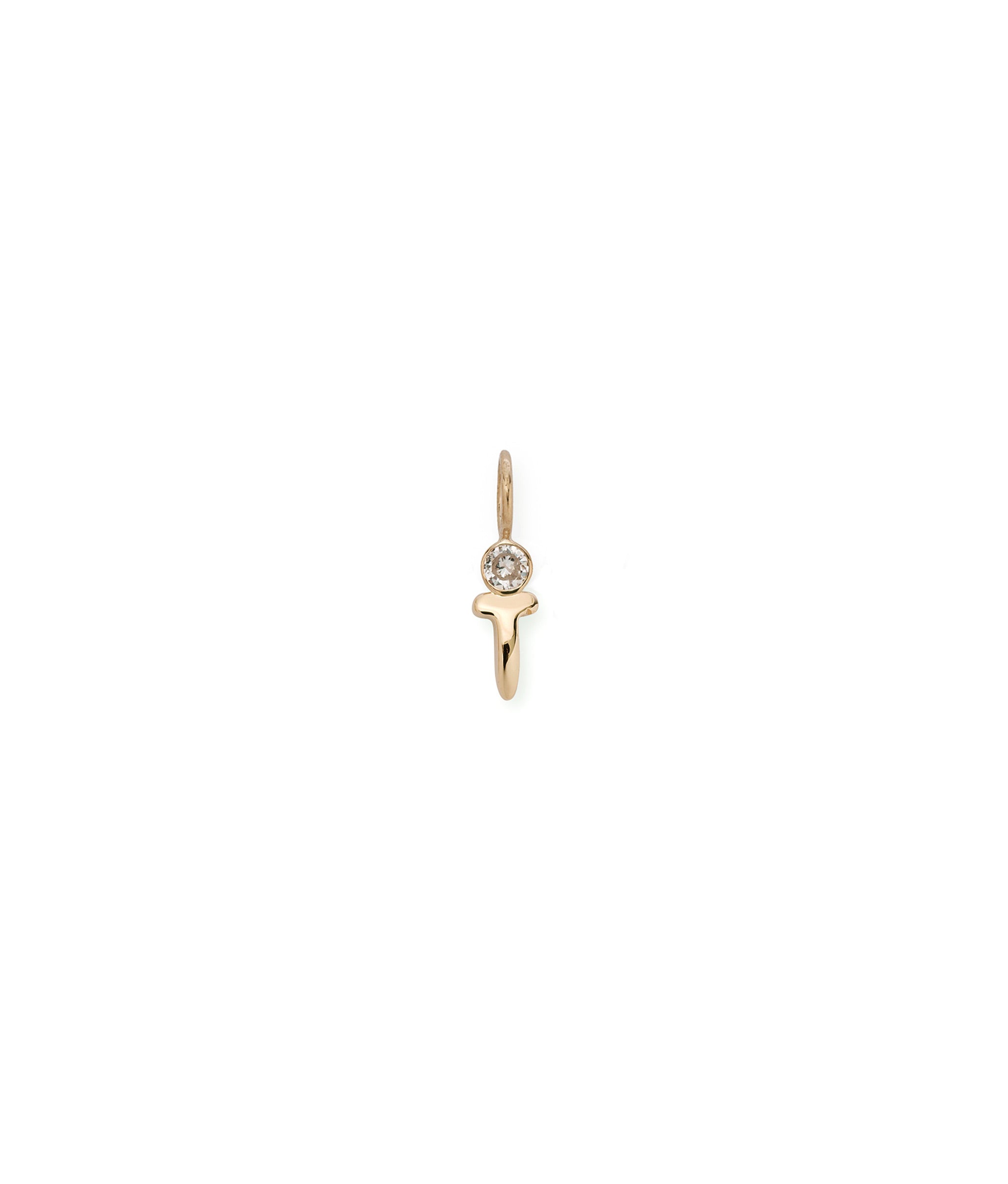 Alphabet Soup "T" Charm. Puffy mini 14k gold letter "T" charm with round diamond accent.