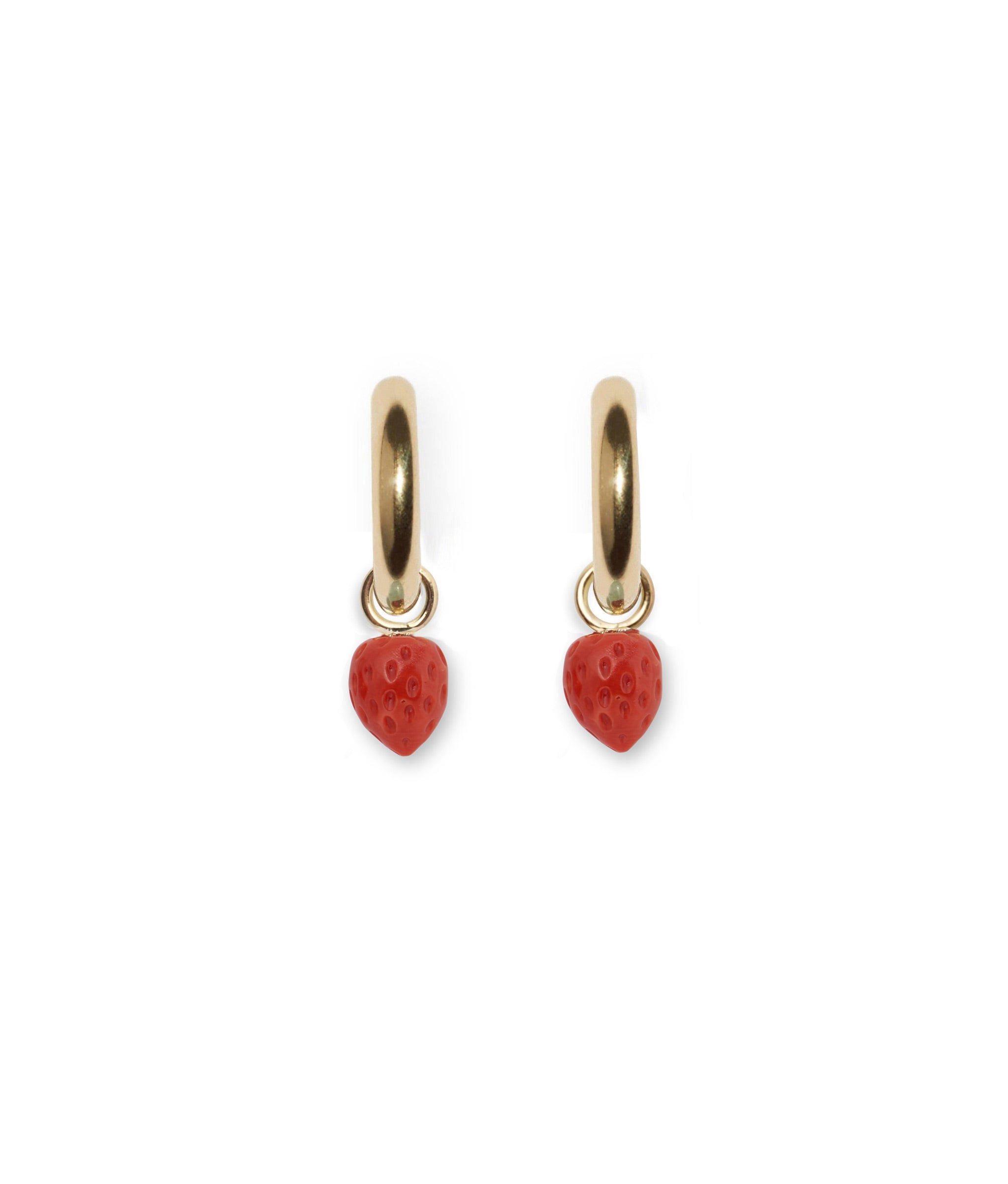 Puff Coral Strawberry Charms shown on gold hoop earrings.