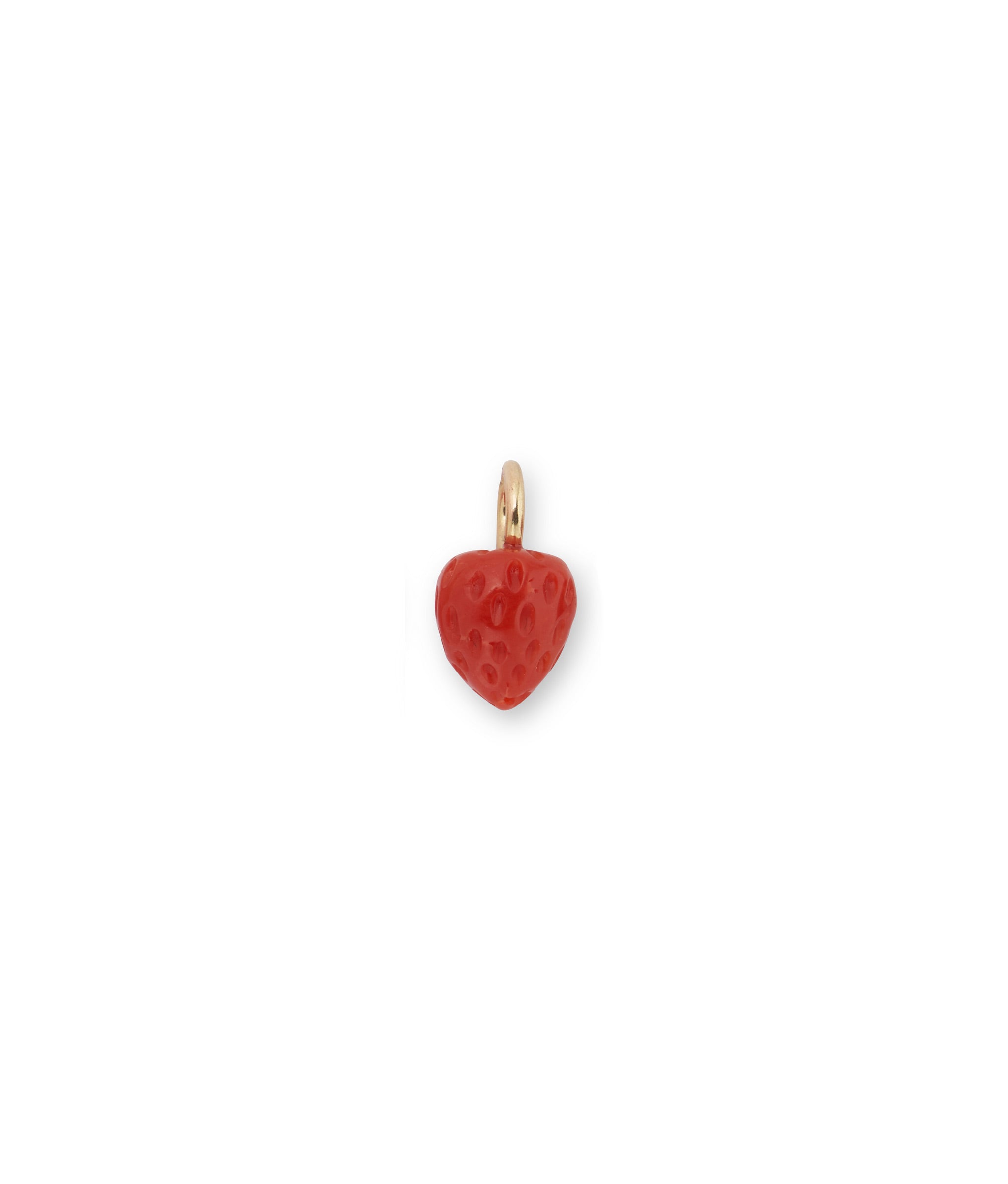 Hand carved coral and 14k gold puffy strawberry necklace charm.