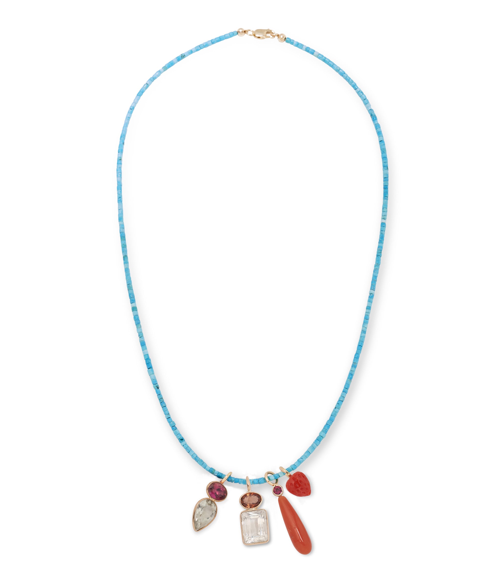 Tiny turquoise necklace with four charms and the strawberry coral charm on the right.