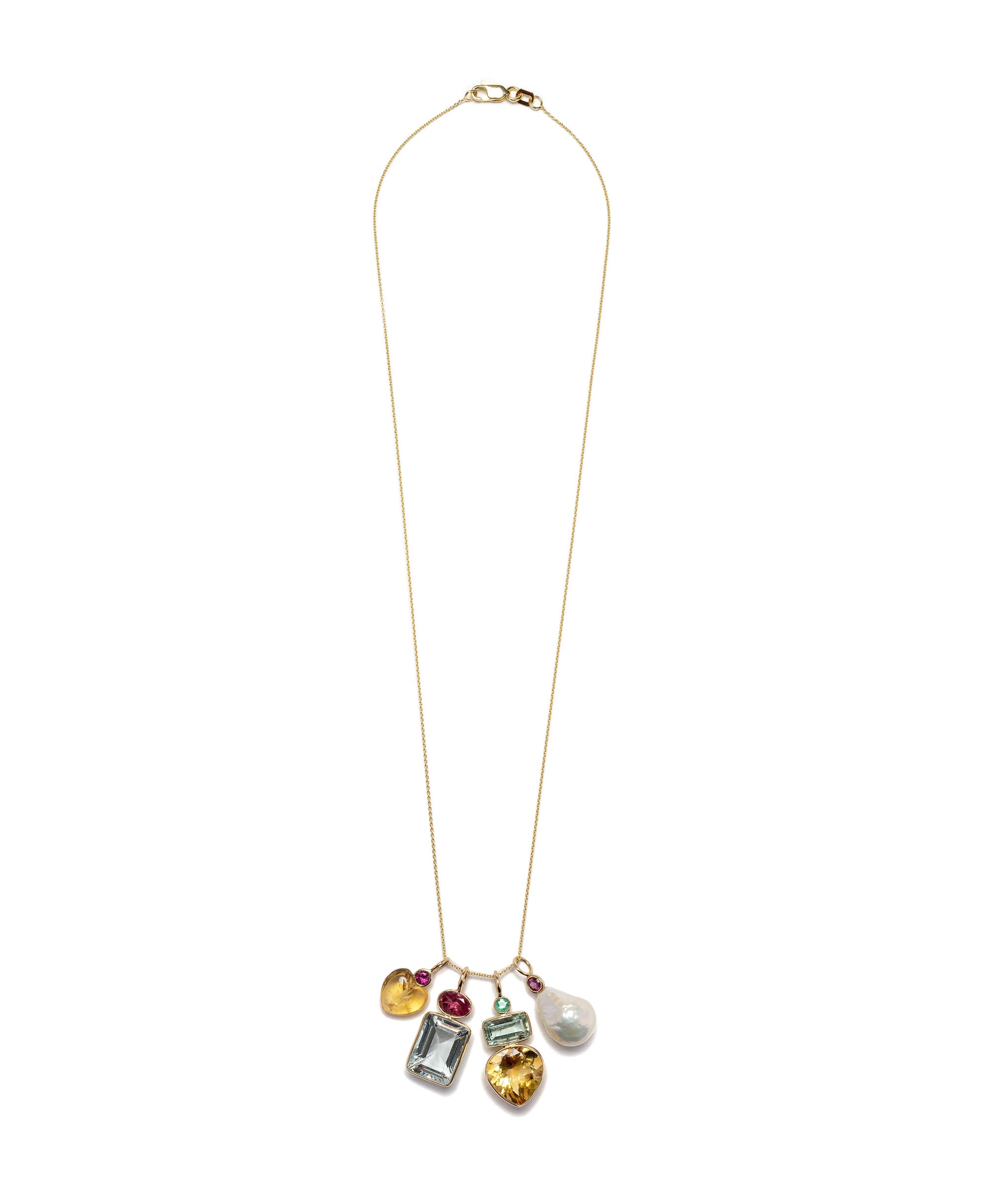 14K Gold Super Fine Chain Necklace with four colorful Mood Necklace Charms attached.