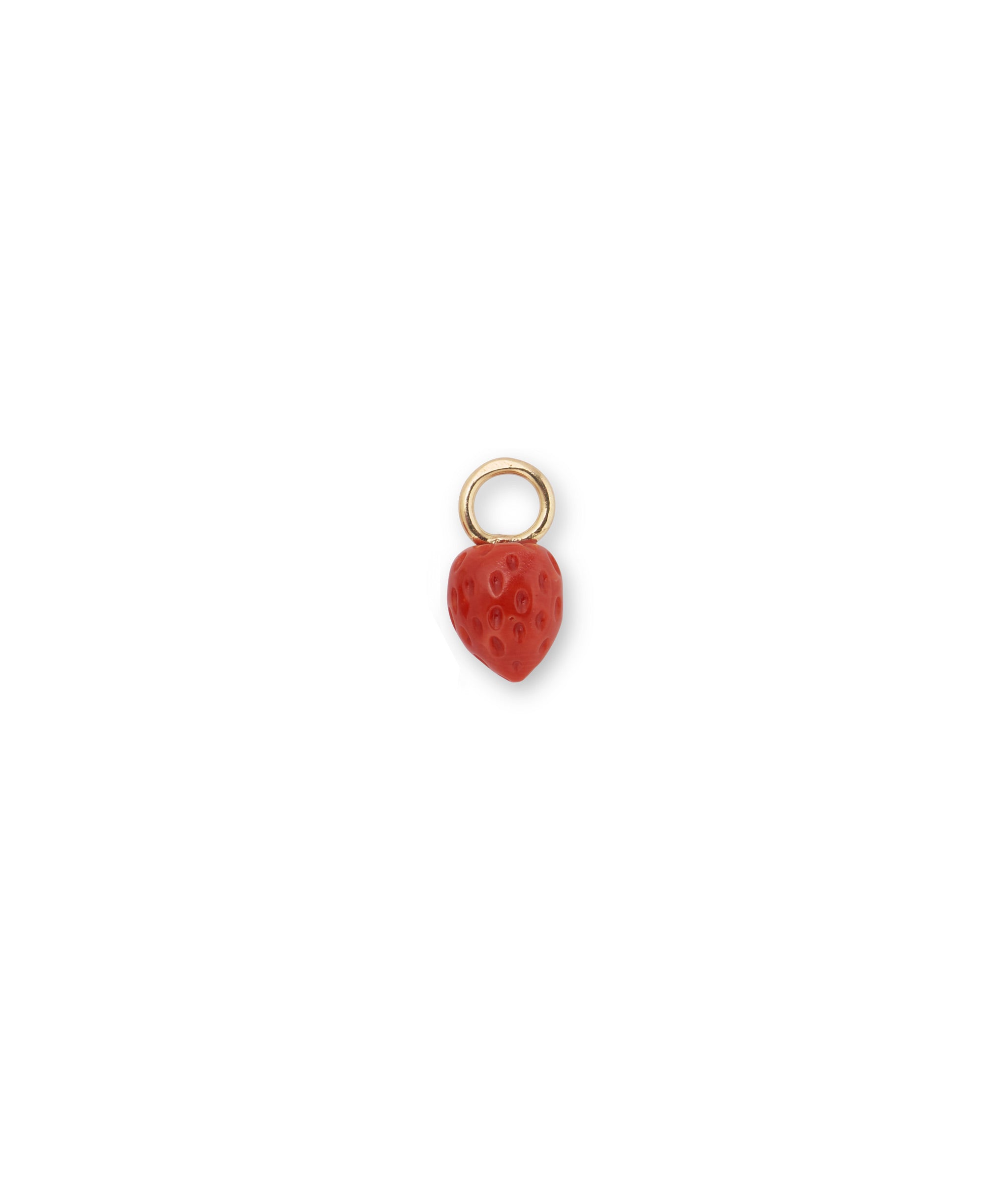 Puff Coral Strawberry 14k Gold Earring Charm. Carved coral puffy strawberry charm with 14k gold ring.