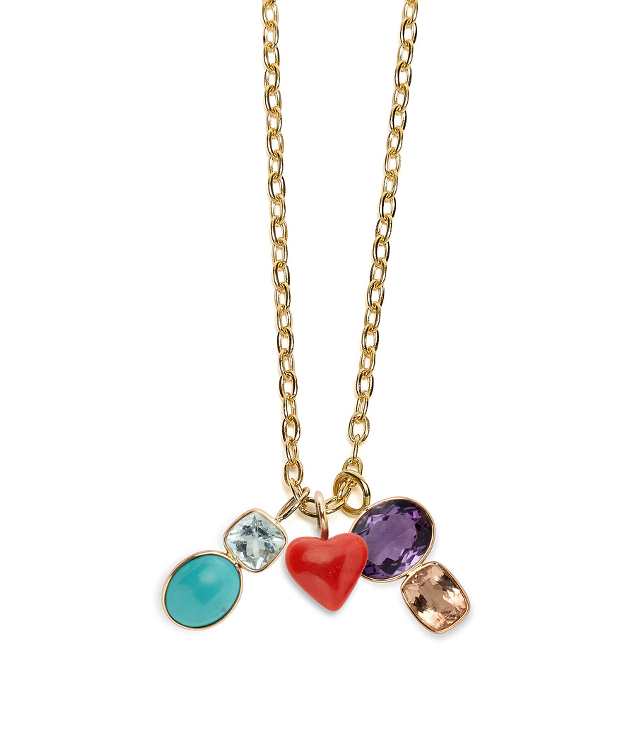 Close-up of Puffy Coral Heart 14K Necklace Charm with other fine charms on gold chain.