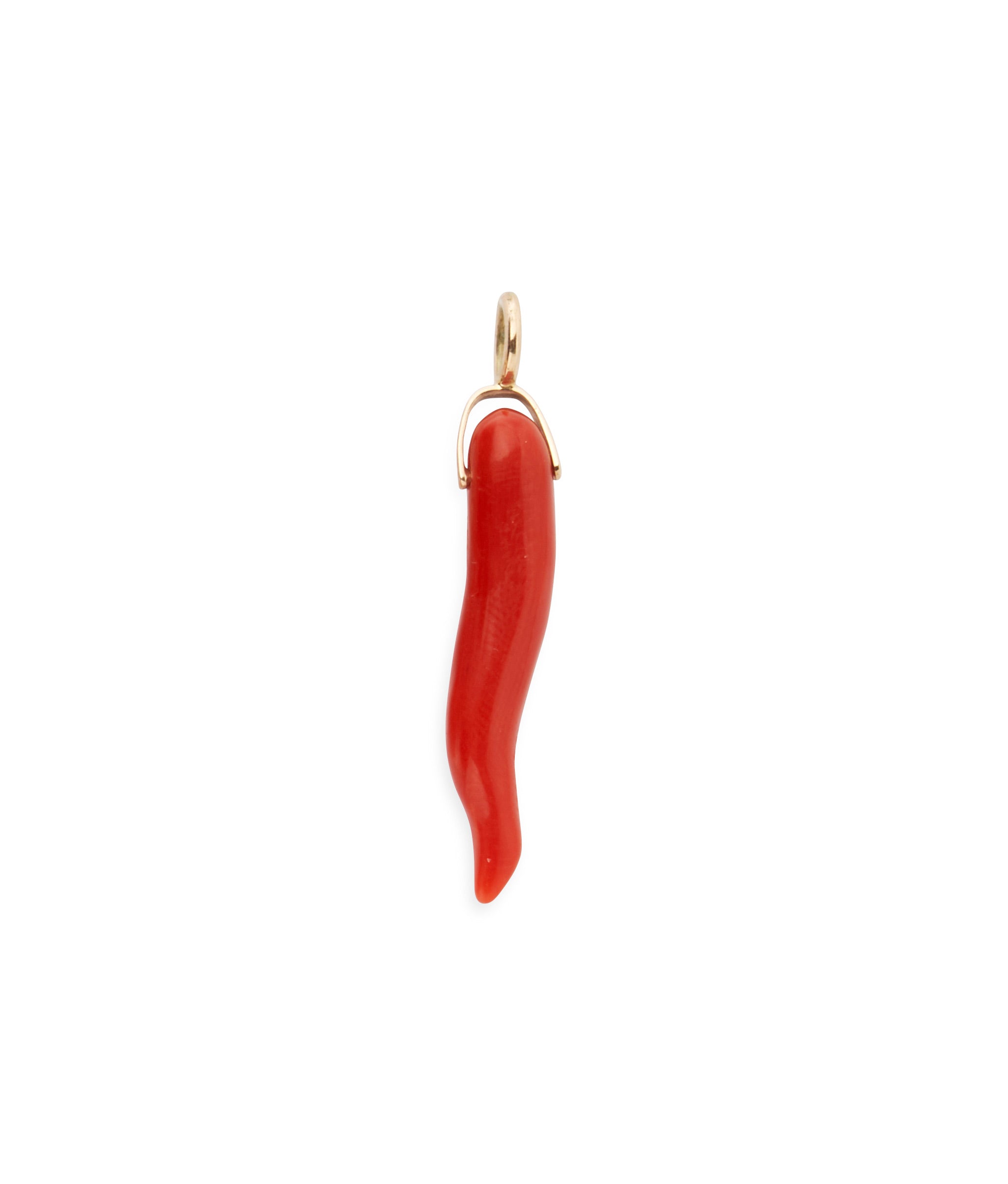 Dark Red Long Coral Horn 14K Necklace Charm. Dark red longer coral horn necklace charm with 14k gold bale and ring.