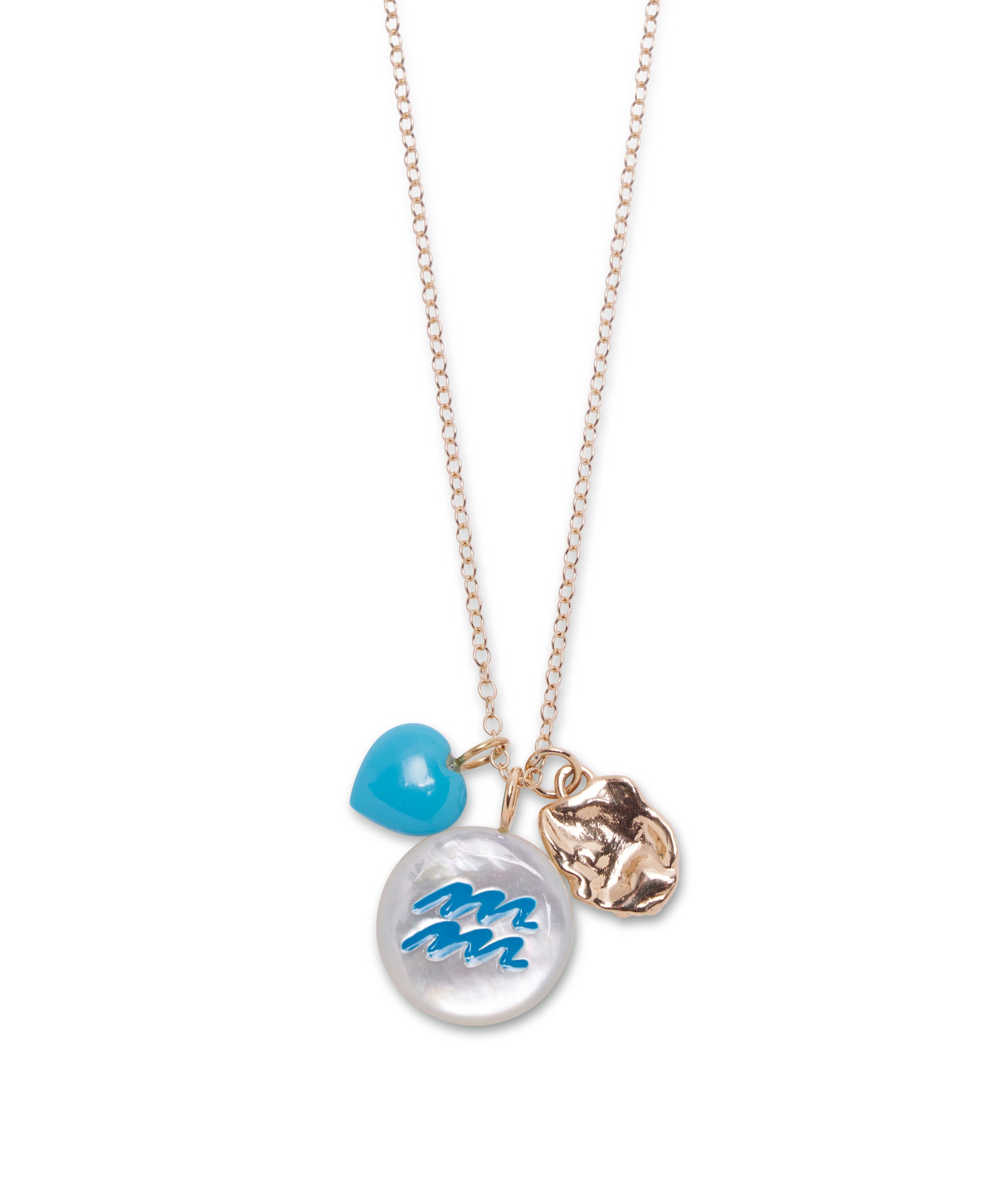 14k Gold Delicate Chain Necklace with Solid 14K Wafer Charm, Star Sign Charm in Aquarius, Puff Turquoise Heart 14k Charm