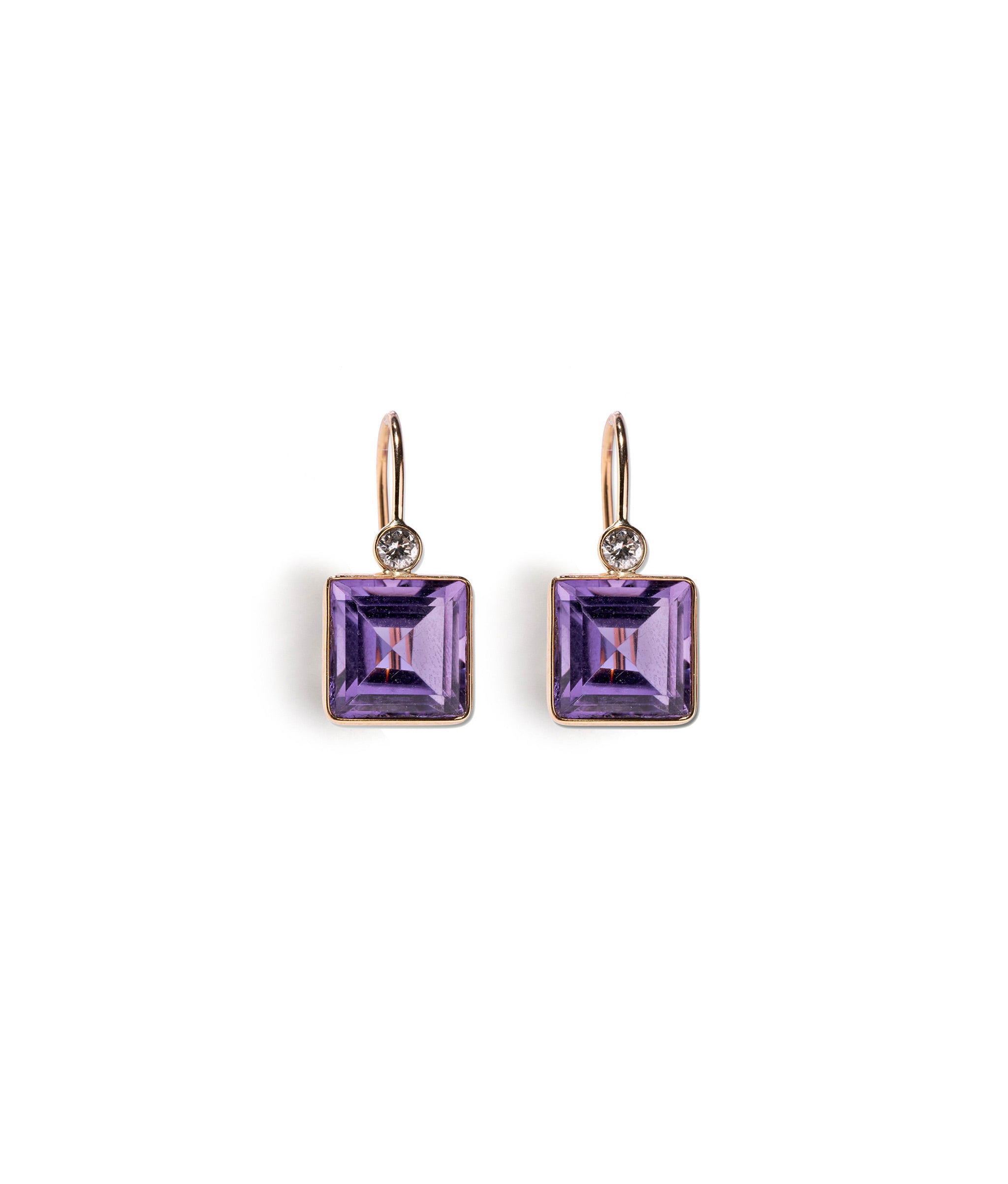 King Earrings In Amethyst & Diamond. Faceted square amethyst stone earrings with diamond detail and 14k gold bezels.