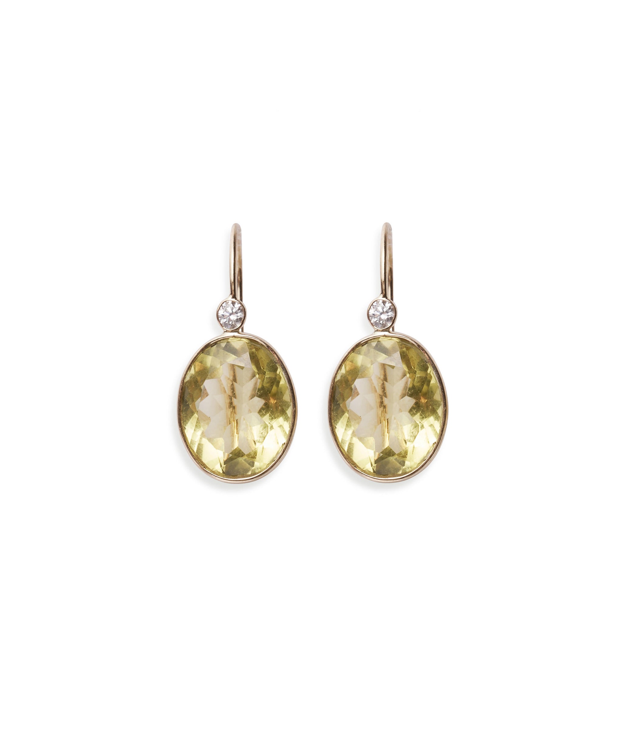 Pool Earrings in Lemon Quartz & Diamond. Faceted lemon quartz oval with 14k gold bezels and diamond detail.