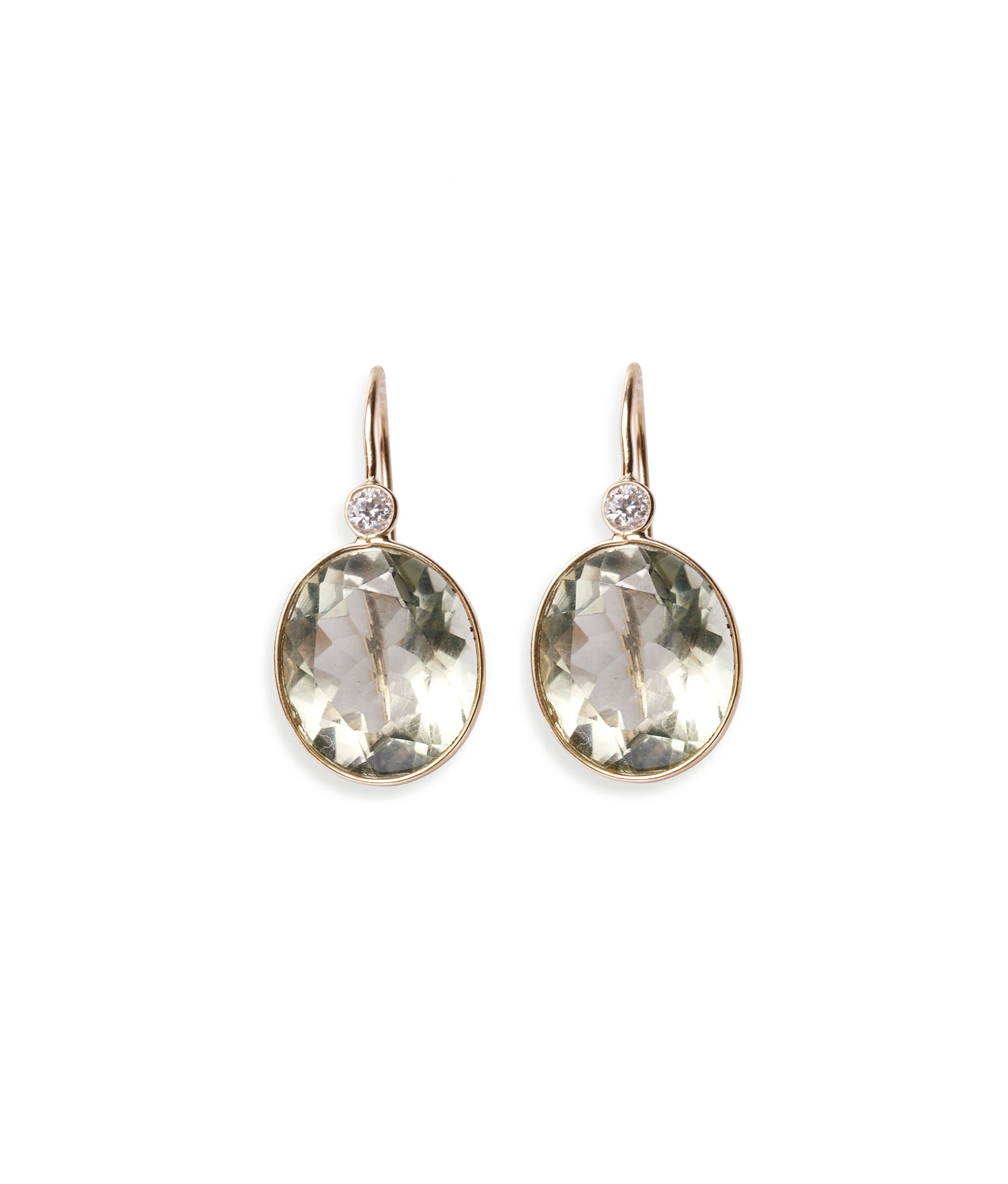 Pool Earrings in Green Amethyst & Diamond. Faceted green amethyst oval earrings with 14k gold bezels and diamond detail.