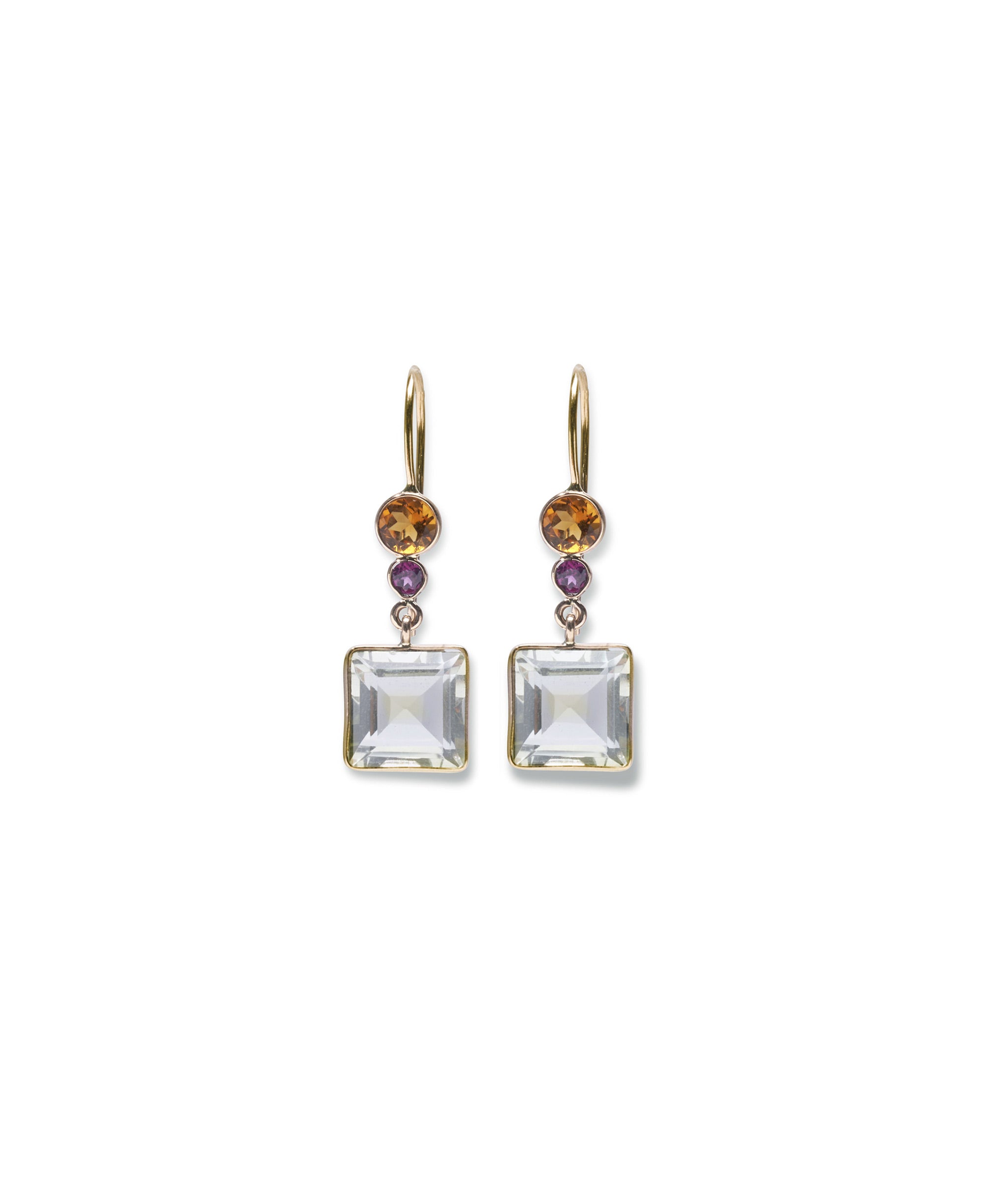 Lady Earrings in Green Amethyst. Faceted hanging green amethyst square stones with 14k gold bezels and citrine and pink rhodolite garnets.