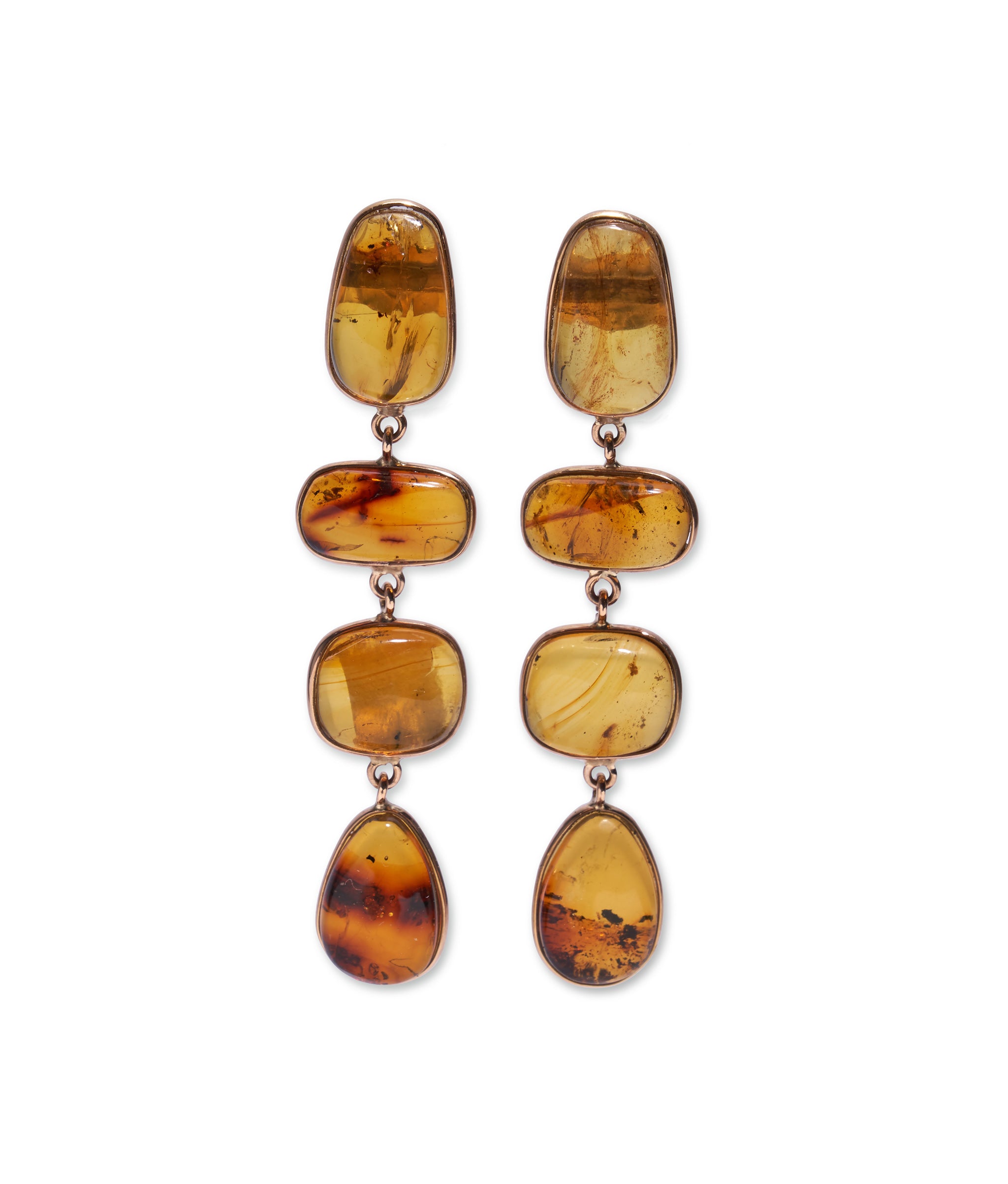 14k Gold Long Amber Column Earrings. Linked amber cabochon statement column earrings with 14k gold bezels.