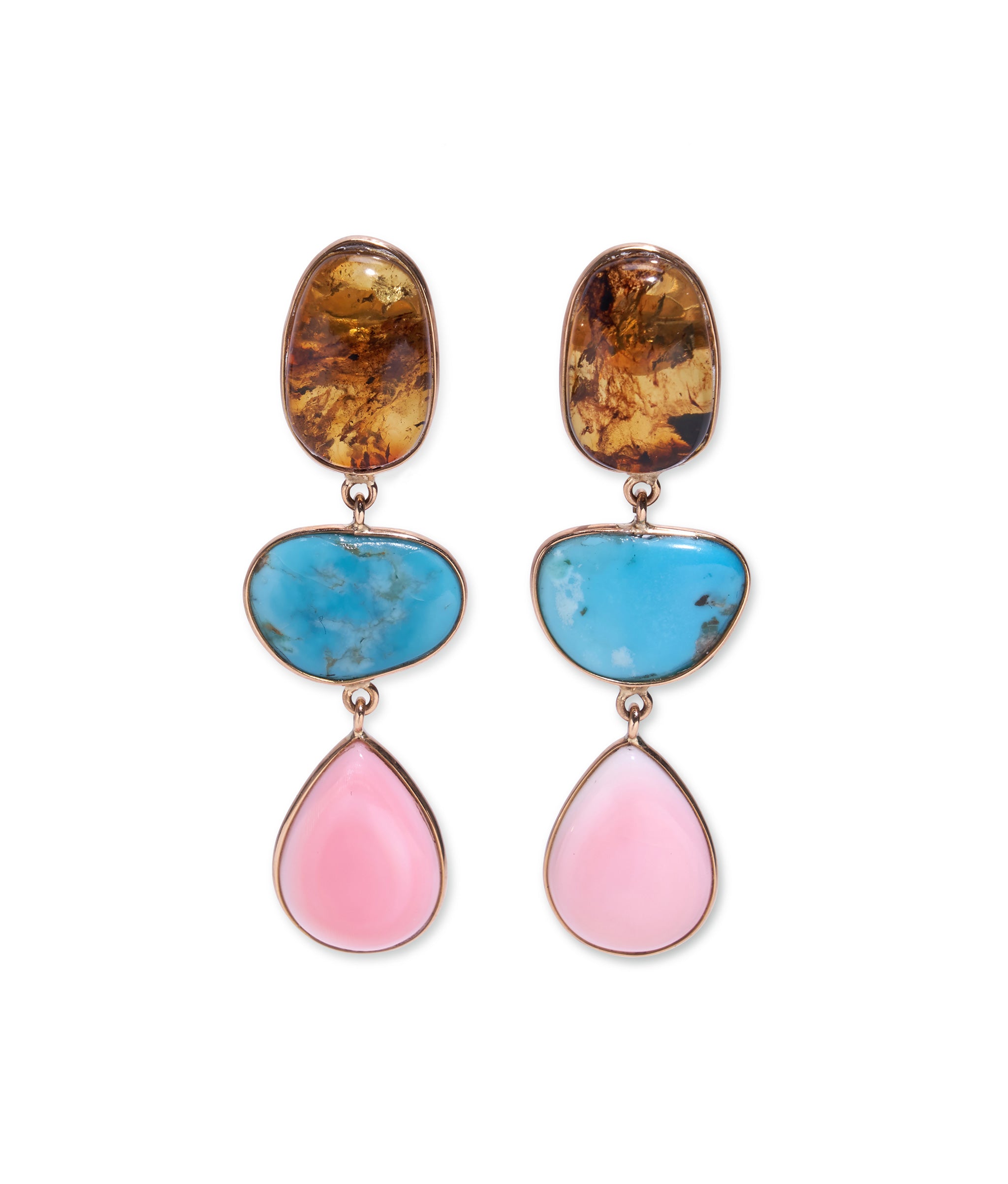 14k Gold Amber, Turquoise & Pink Opal Earrings. Linked amber, turquoise and pink opal stone earrings with 14k gold bezels