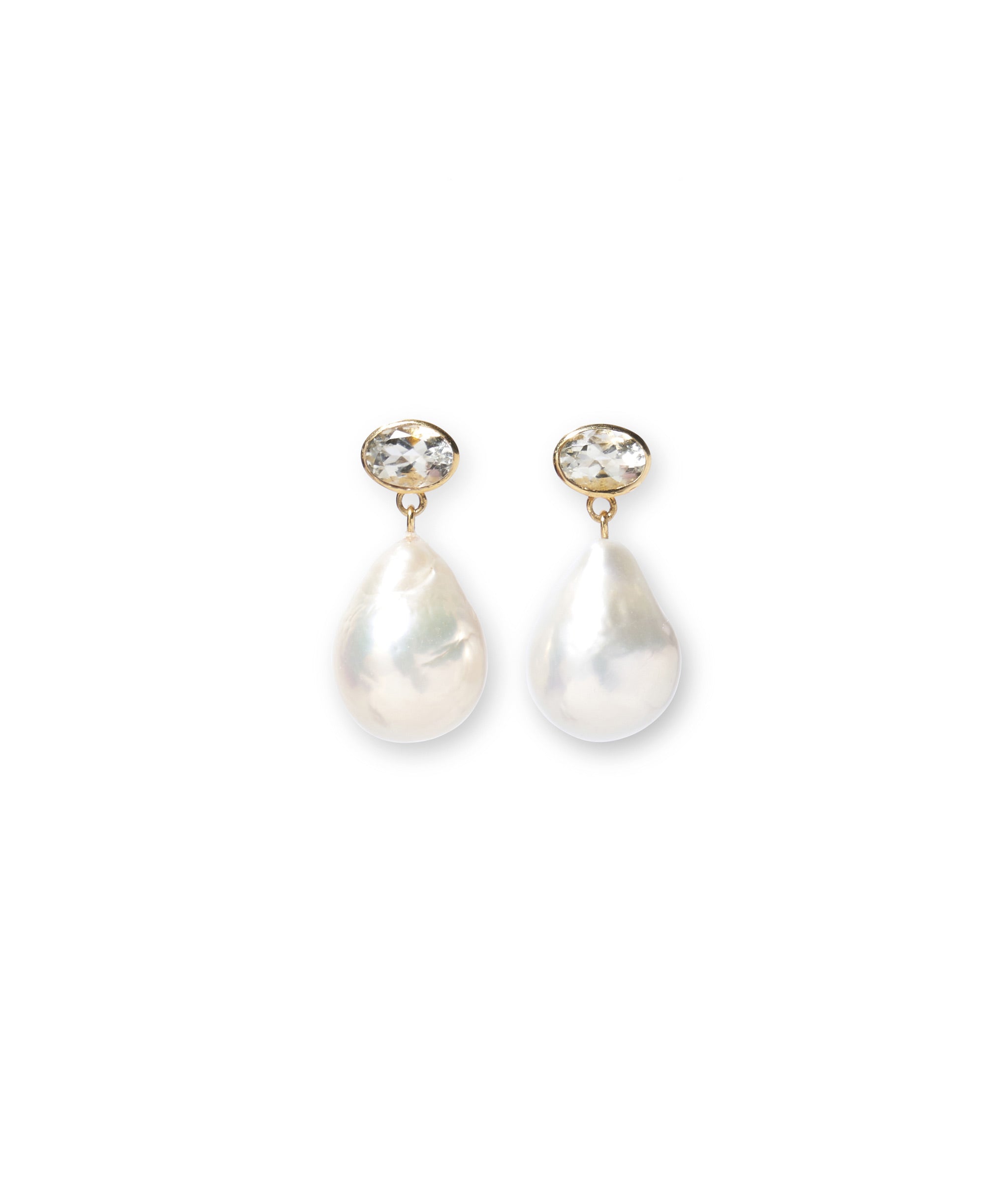 14k gold earrings with faceted semiprecious green amethyst tops and hanging baroque pearl drops.