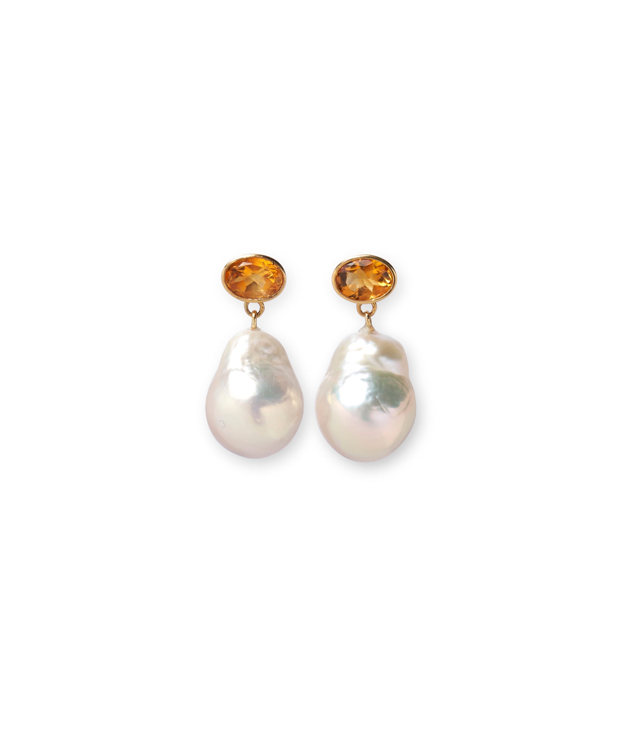14k gold earrings with faceted semiprecious citrine tops and hanging baroque pearl drops.