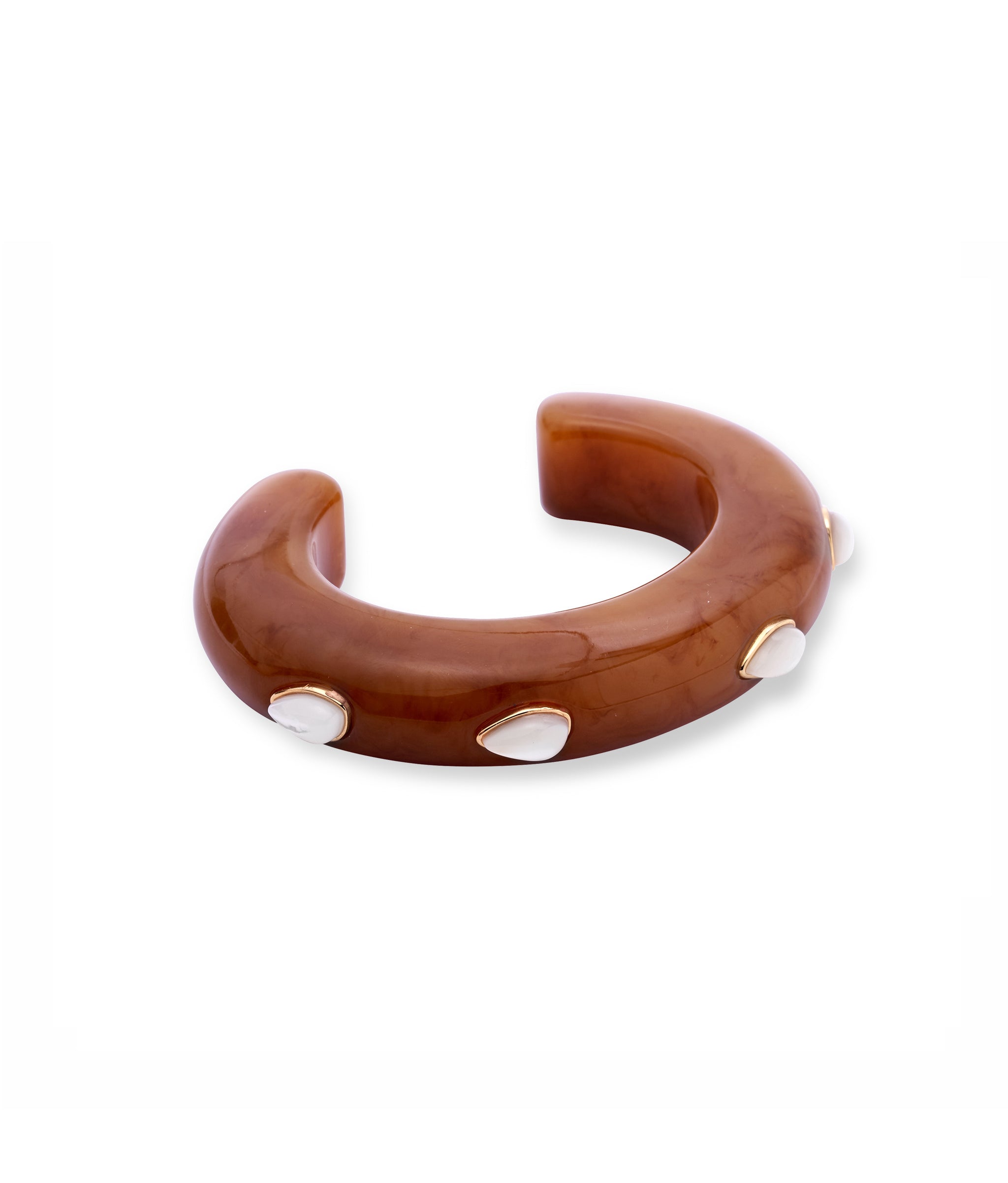 Dark brown thin acrylic domed cuff with gold-plated bezels and abstract mother-of-pearl stones